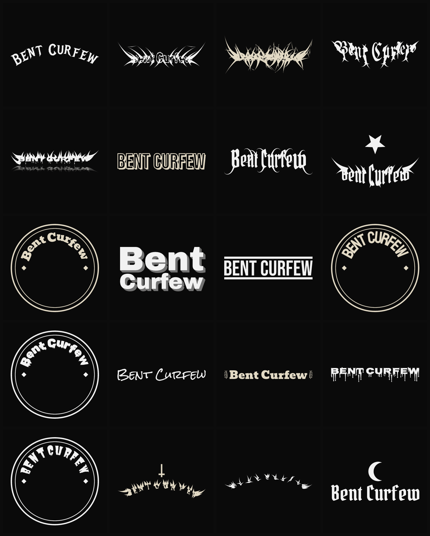 Twenty Bent Curfew band logo ideas — different faces, treatments and spike settings