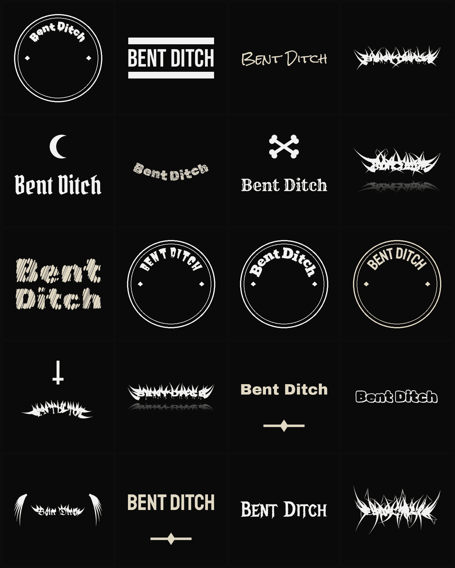 Twenty Bent Ditch band logo ideas — different faces, treatments and spike settings