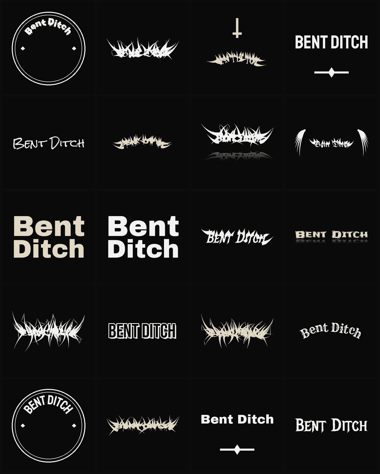 Twenty Bent Ditch band logo ideas — different faces, treatments and spike settings