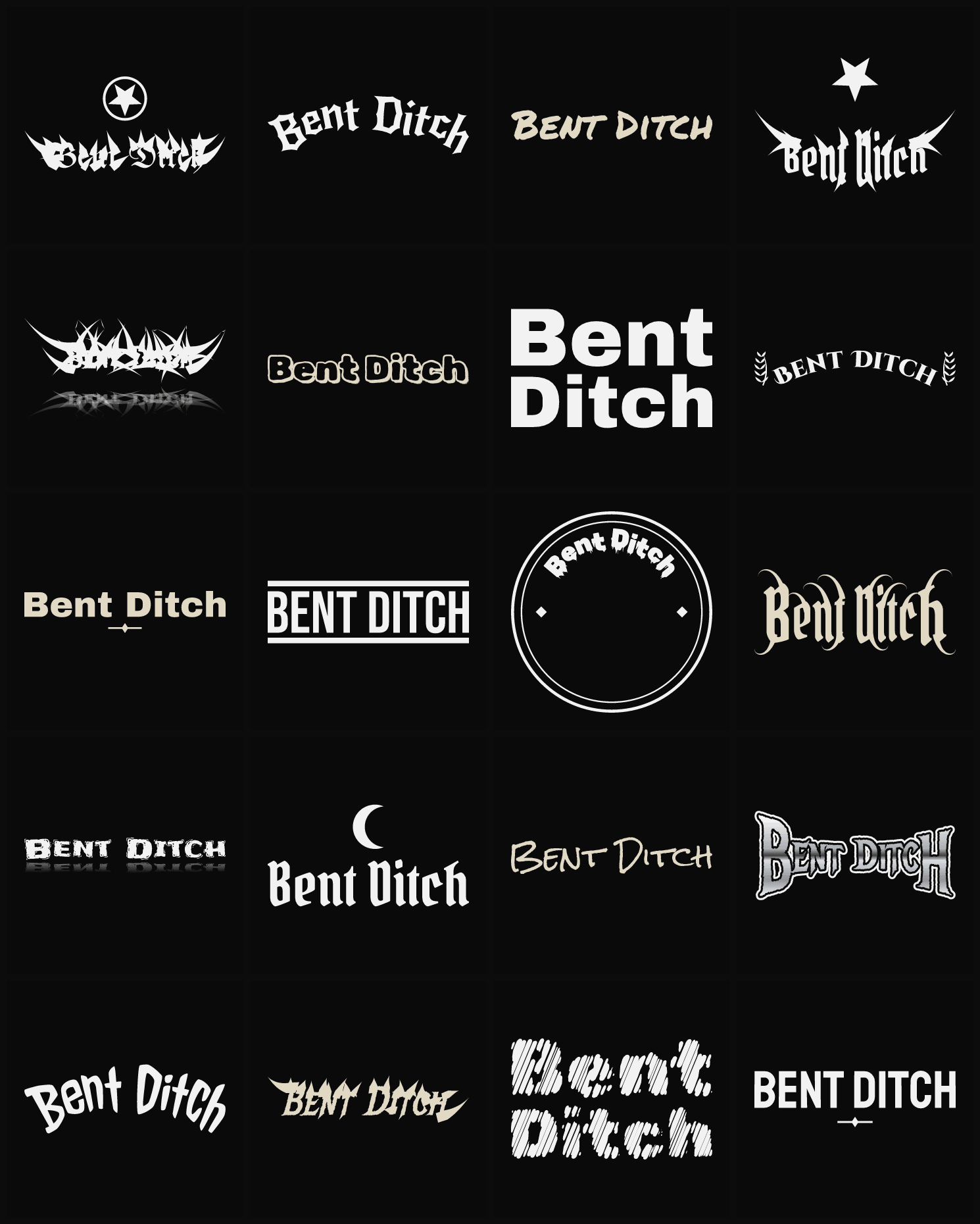 Twenty Bent Ditch band logo ideas — different faces, treatments and spike settings