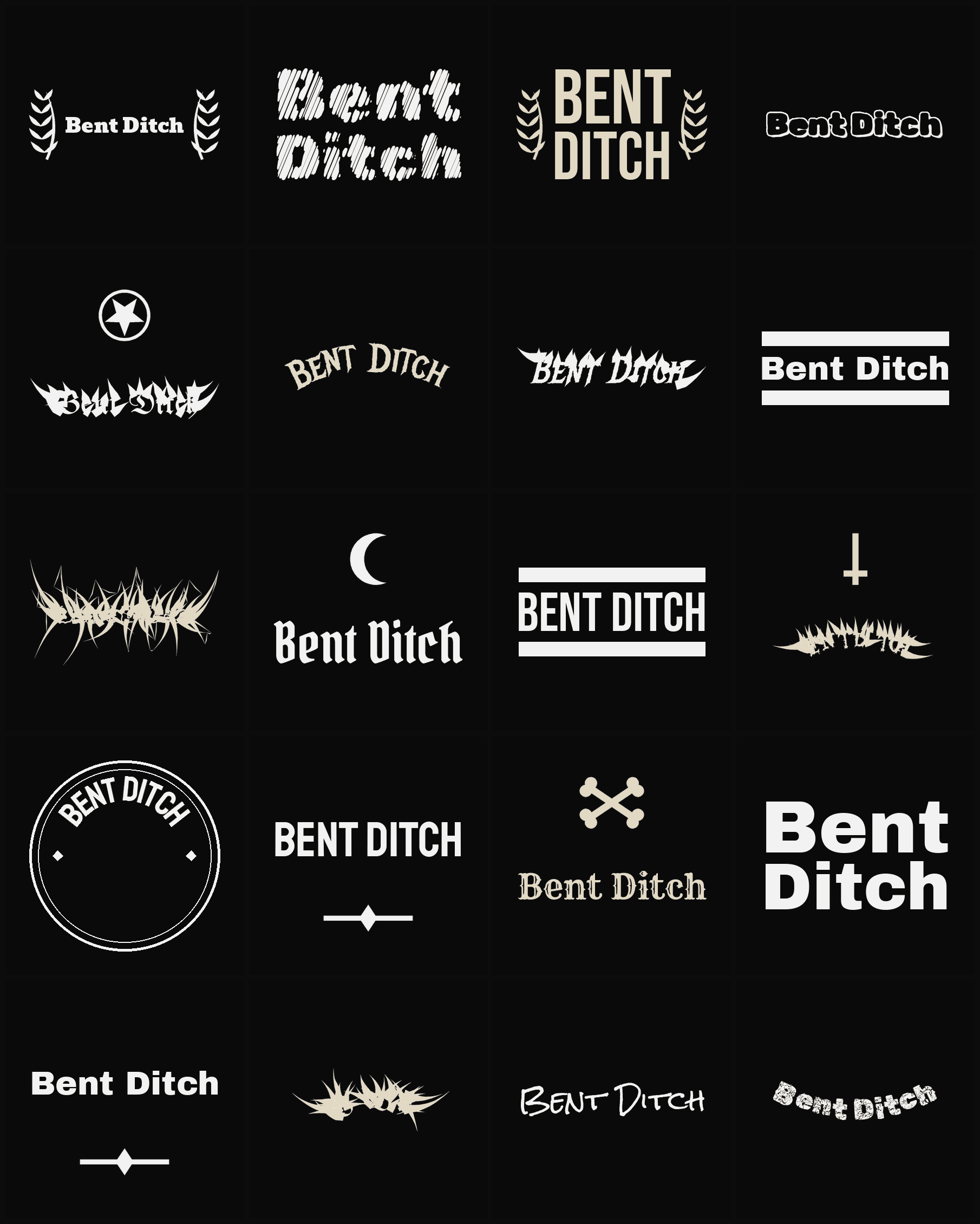 Twenty Bent Ditch band logo ideas — different faces, treatments and spike settings
