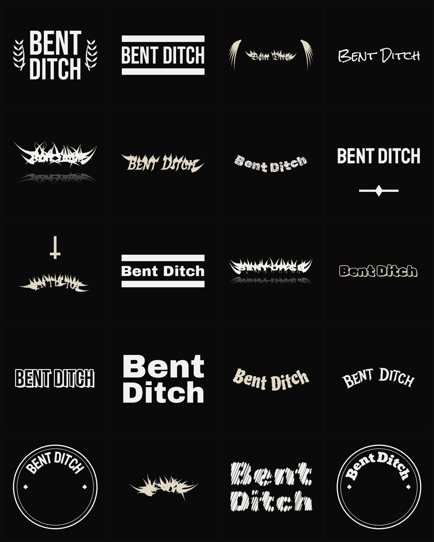 Twenty Bent Ditch band logo ideas — different faces, treatments and spike settings