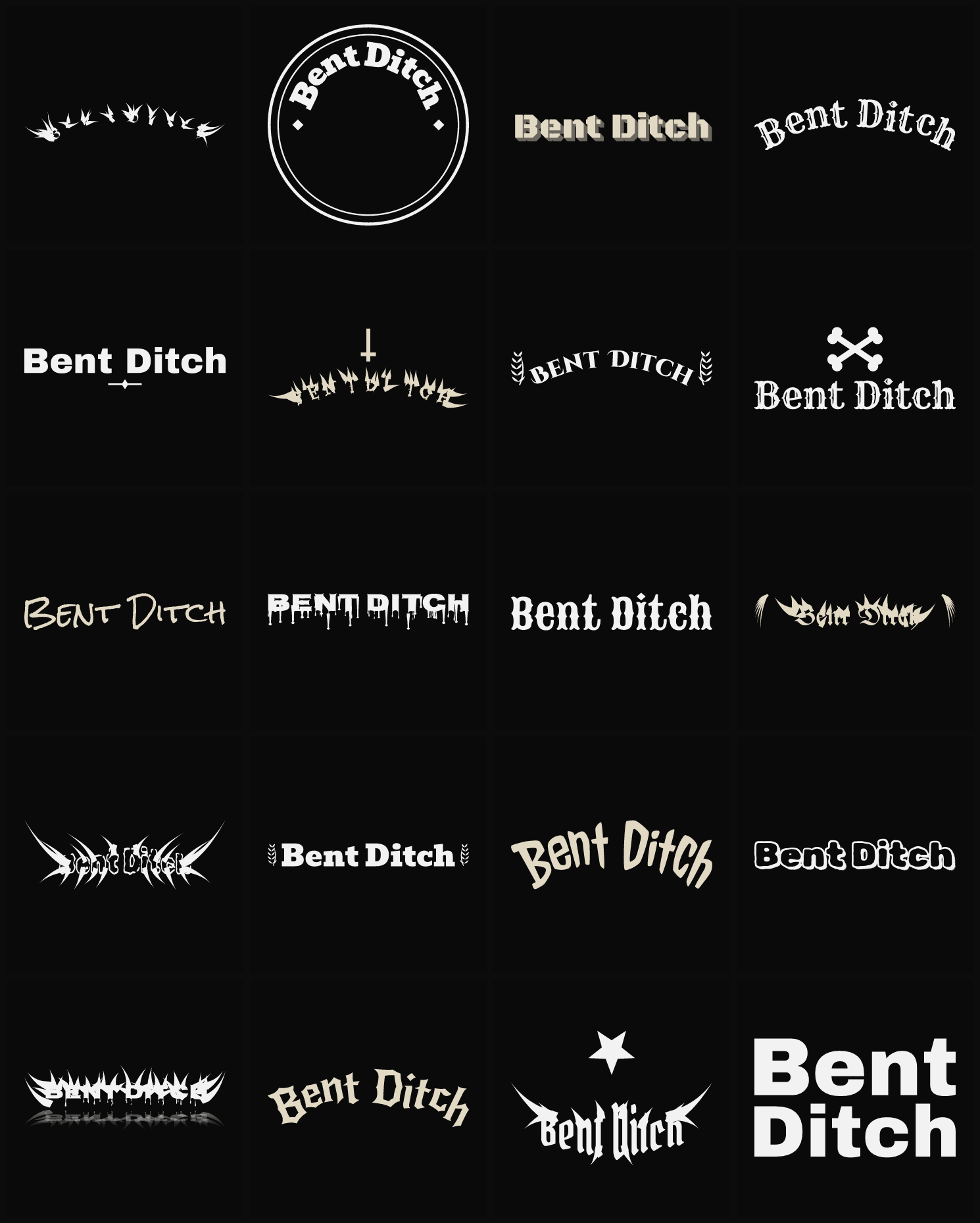 Twenty Bent Ditch band logo ideas — different faces, treatments and spike settings
