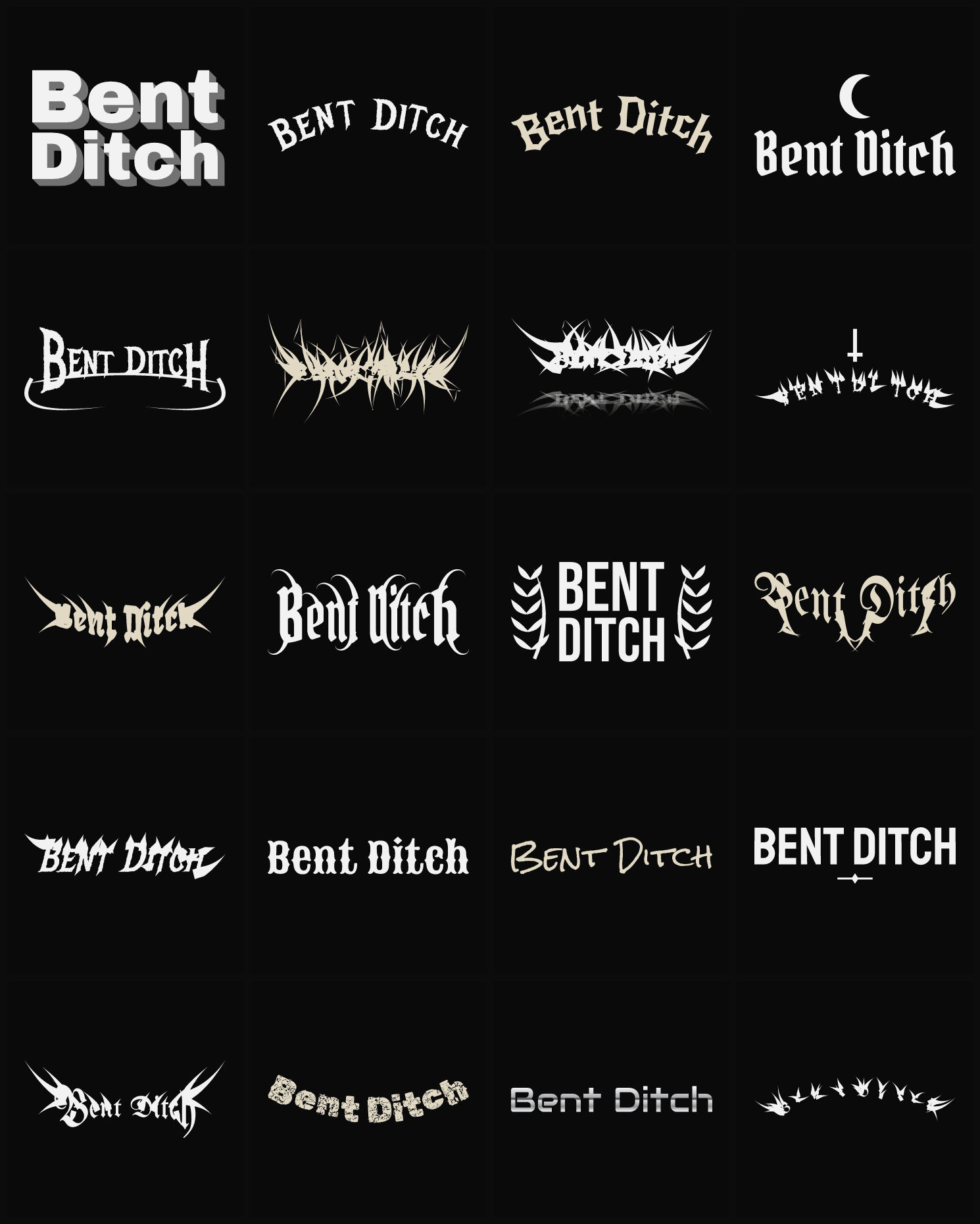 Twenty Bent Ditch band logo ideas — different faces, treatments and spike settings