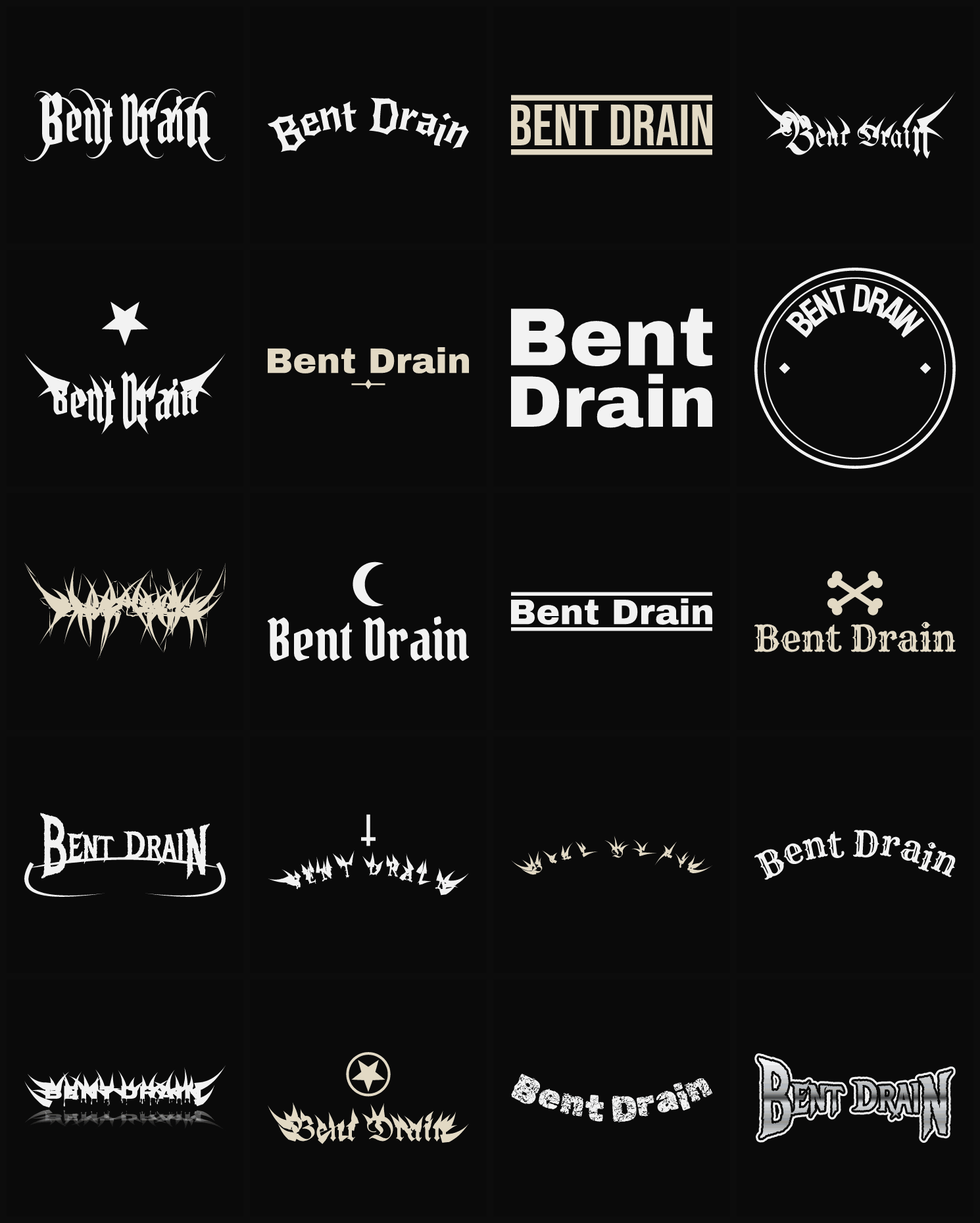 Twenty Bent Drain band logo ideas — different faces, treatments and spike settings