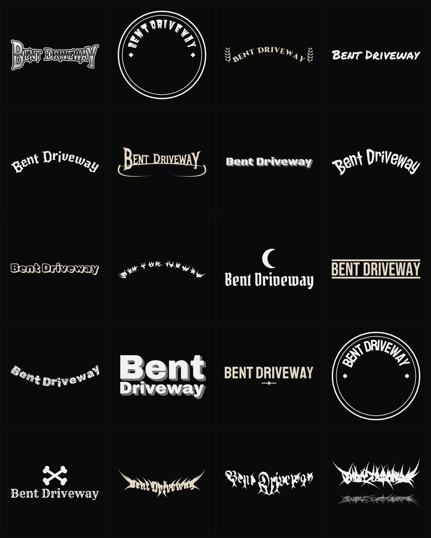 Twenty Bent Driveway band logo ideas — different faces, treatments and spike settings