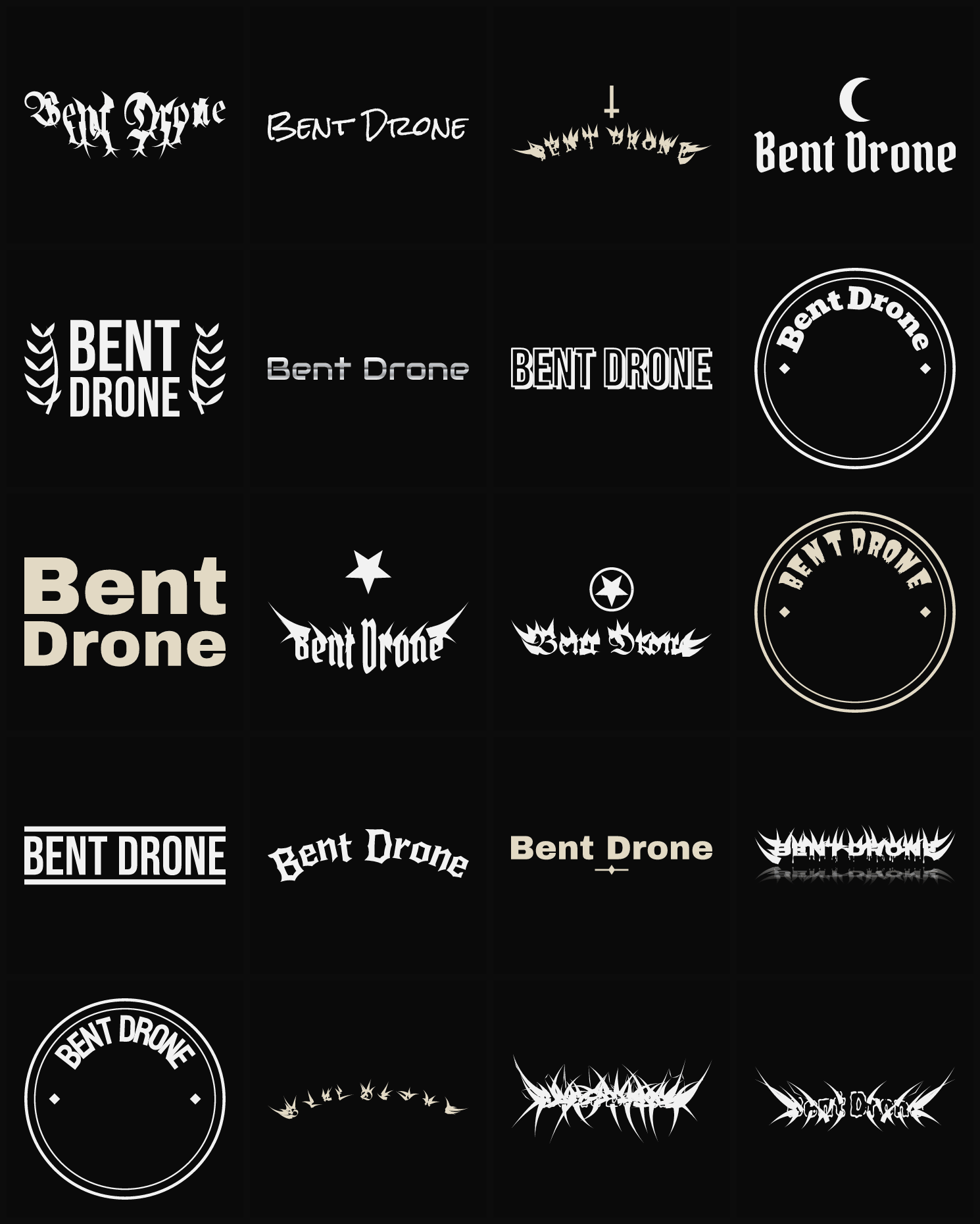 Twenty Bent Drone band logo ideas — different faces, treatments and spike settings