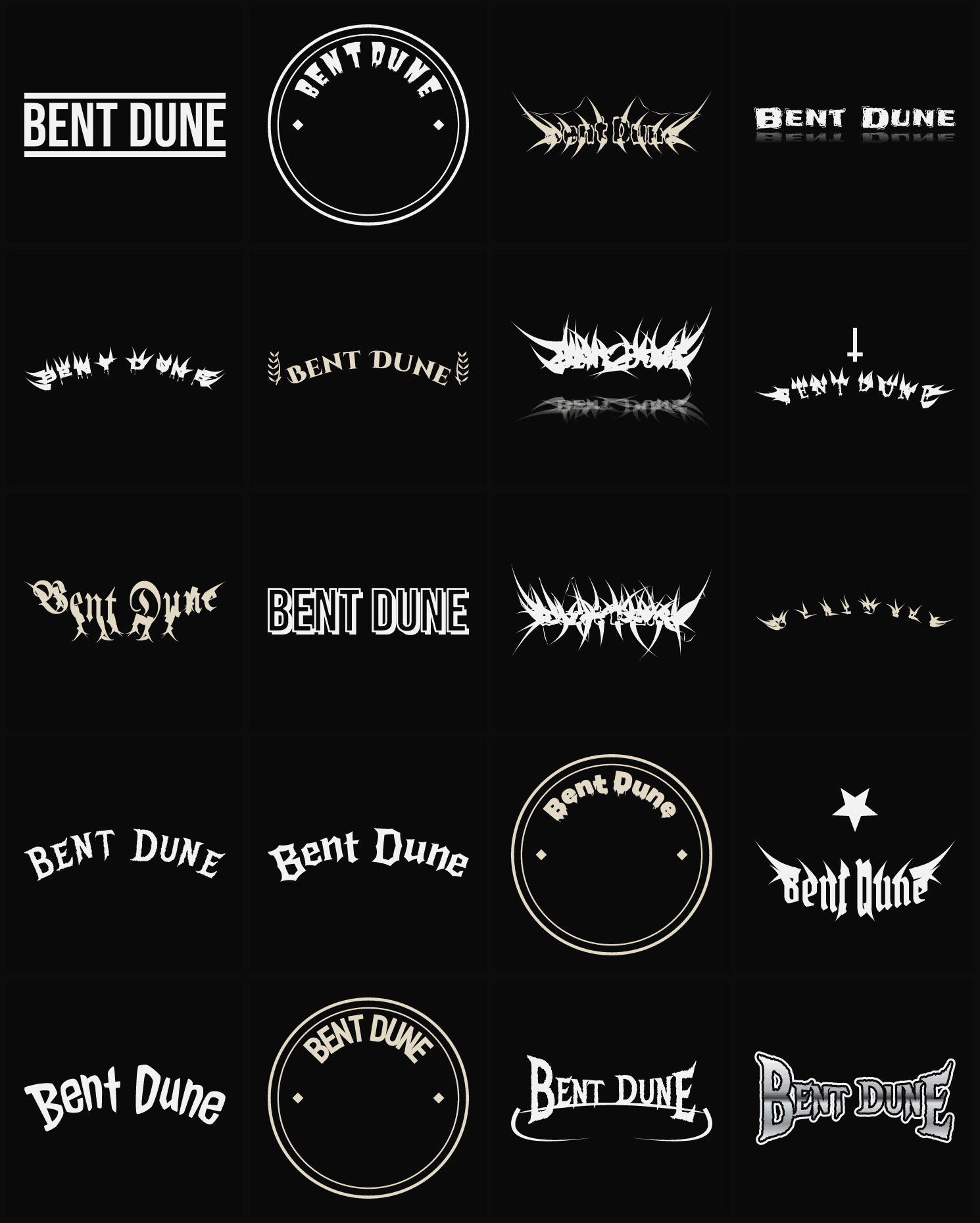 Twenty Bent Dune band logo ideas — different faces, treatments and spike settings