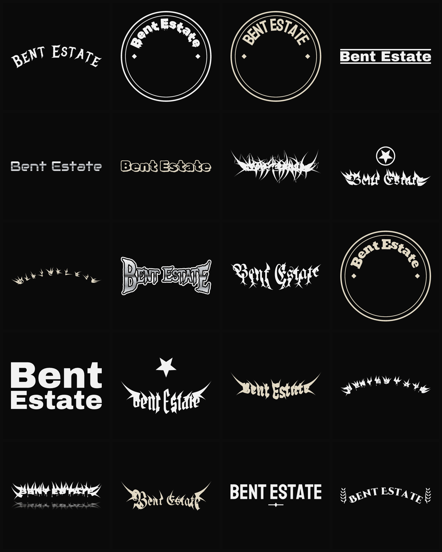 Twenty Bent Estate band logo ideas — different faces, treatments and spike settings