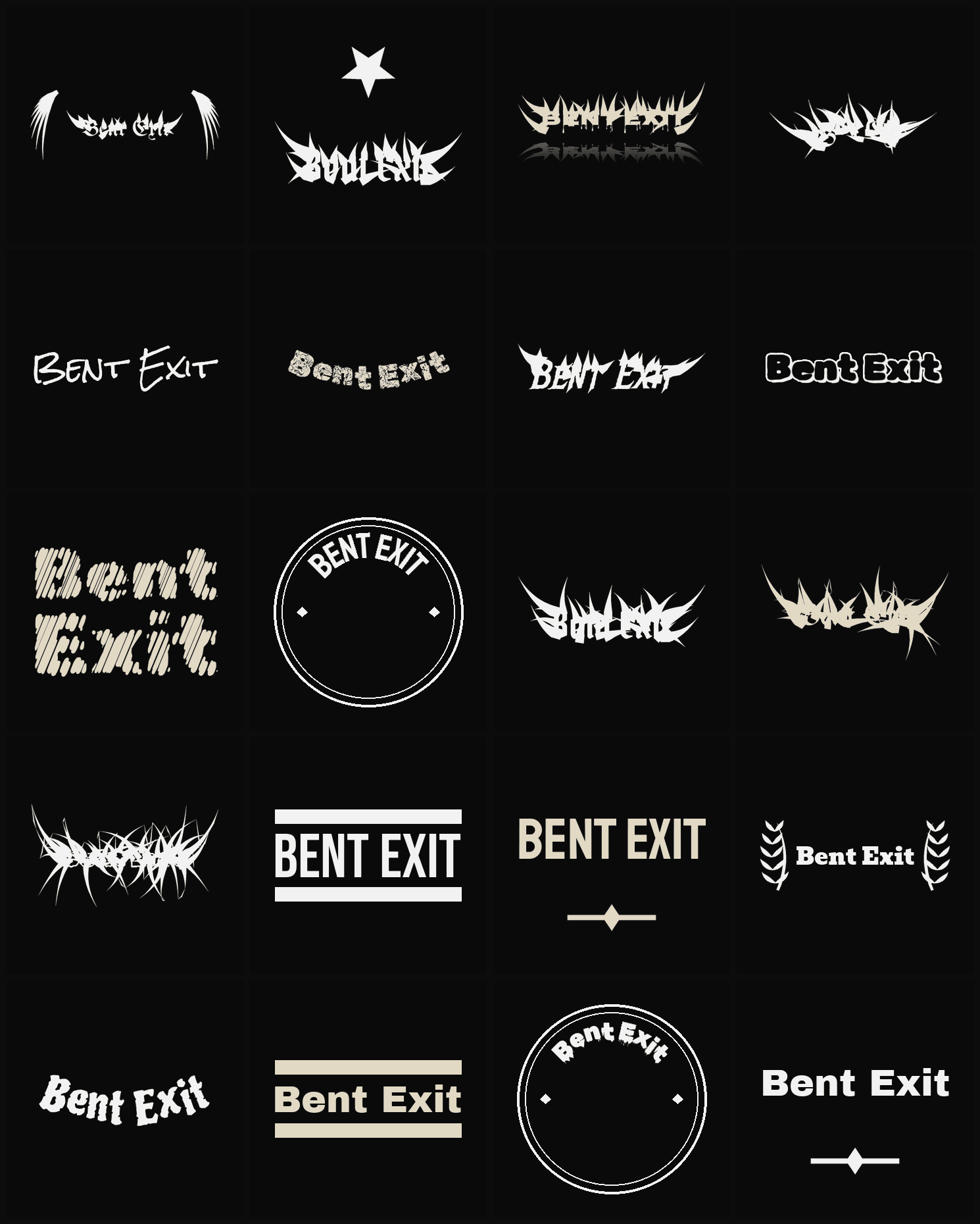 Twenty Bent Exit band logo ideas — different faces, treatments and spike settings