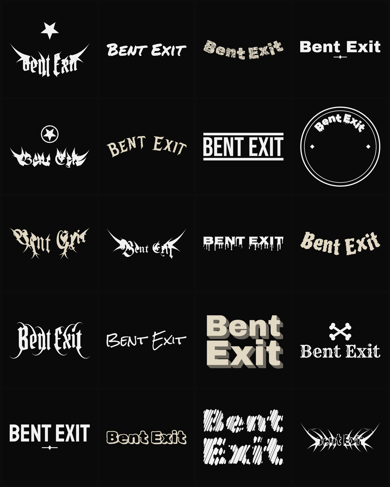 Twenty Bent Exit band logo ideas — different faces, treatments and spike settings
