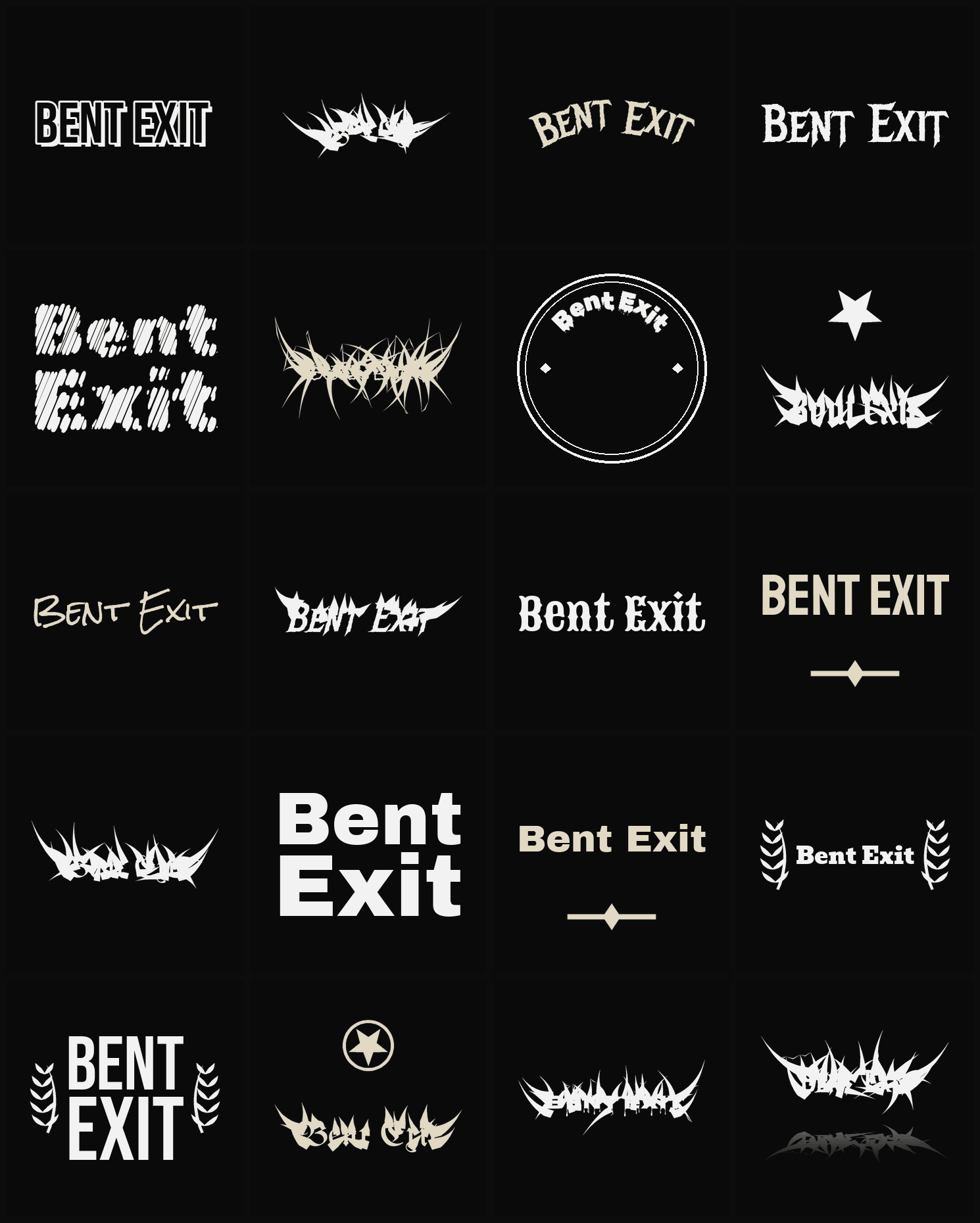 Twenty Bent Exit band logo ideas — different faces, treatments and spike settings
