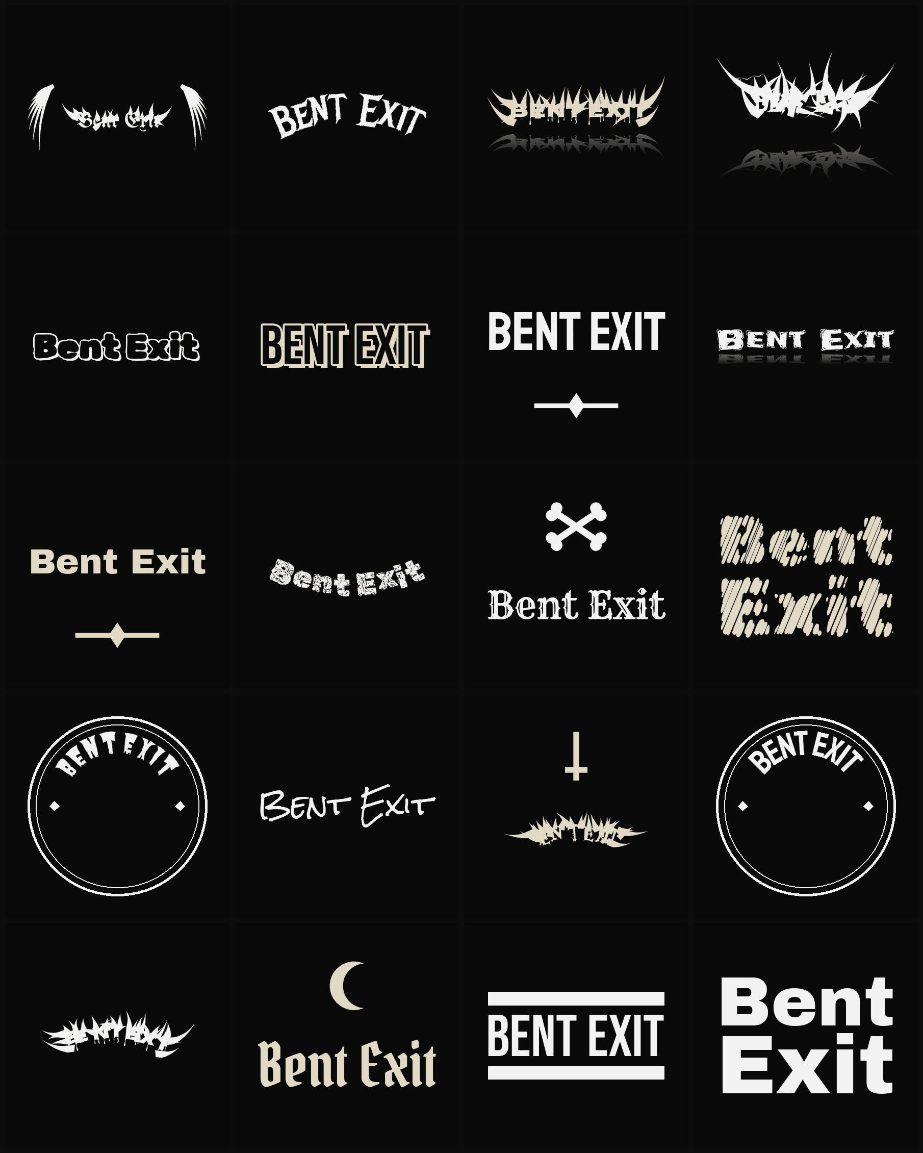 Twenty Bent Exit band logo ideas — different faces, treatments and spike settings
