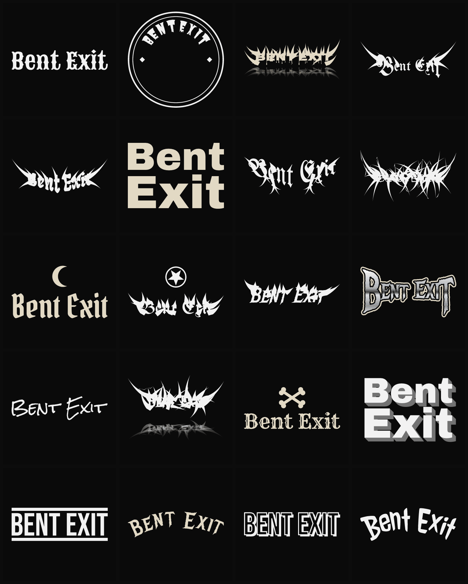 Twenty Bent Exit band logo ideas — different faces, treatments and spike settings