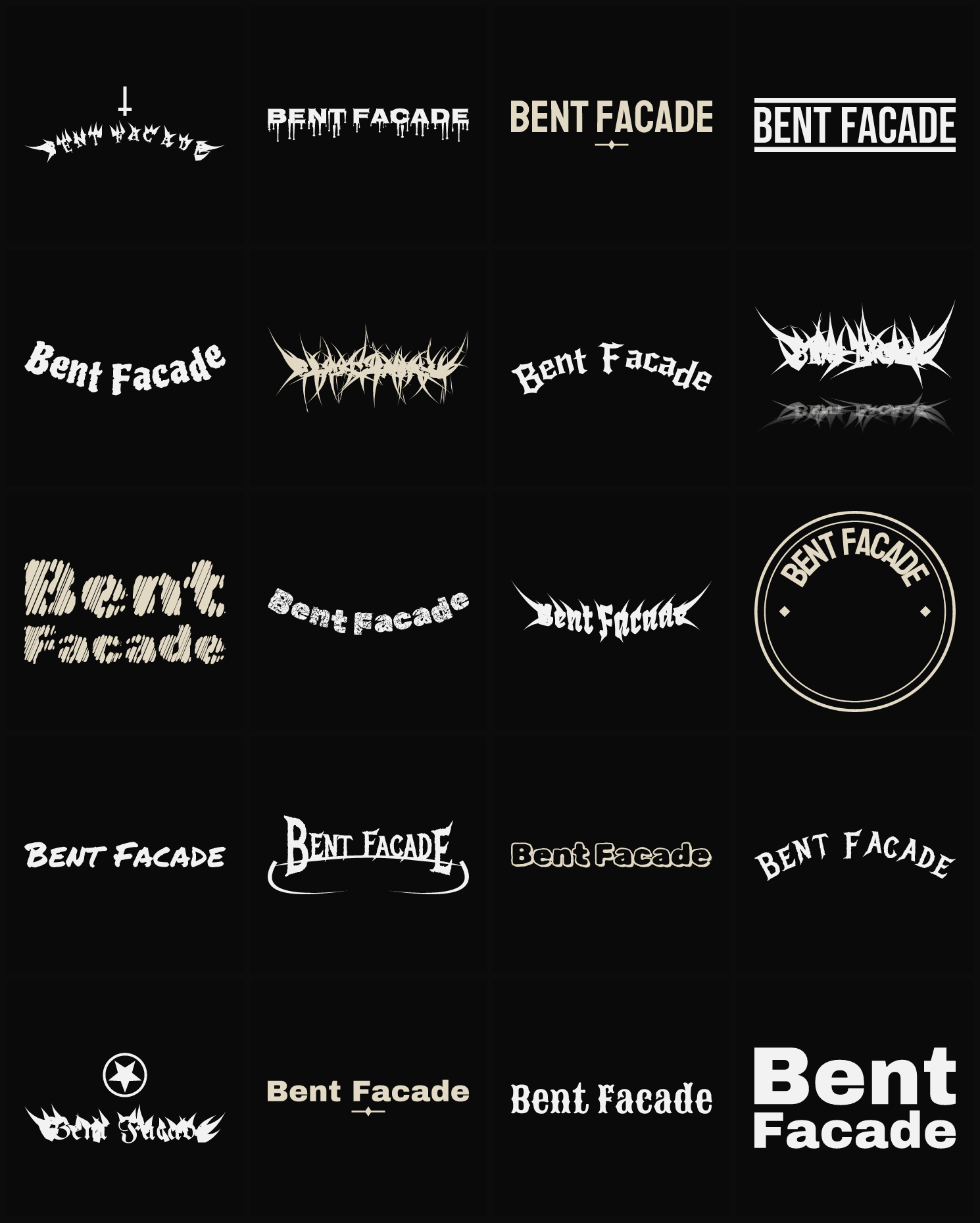 Twenty Bent Facade band logo ideas — different faces, treatments and spike settings