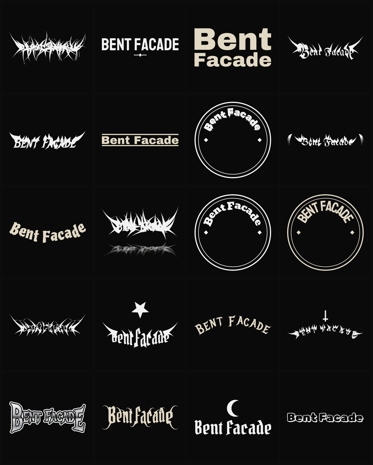 Twenty Bent Facade band logo ideas — different faces, treatments and spike settings