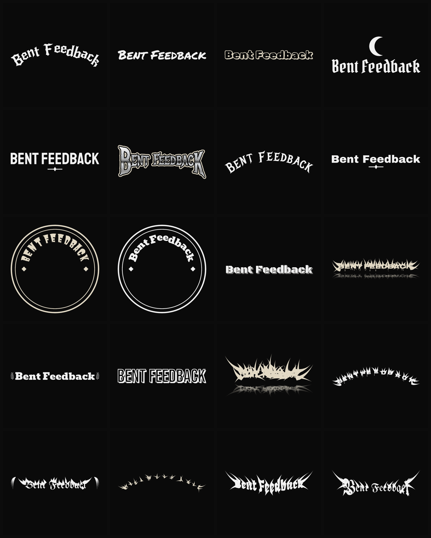 Twenty Bent Feedback band logo ideas — different faces, treatments and spike settings