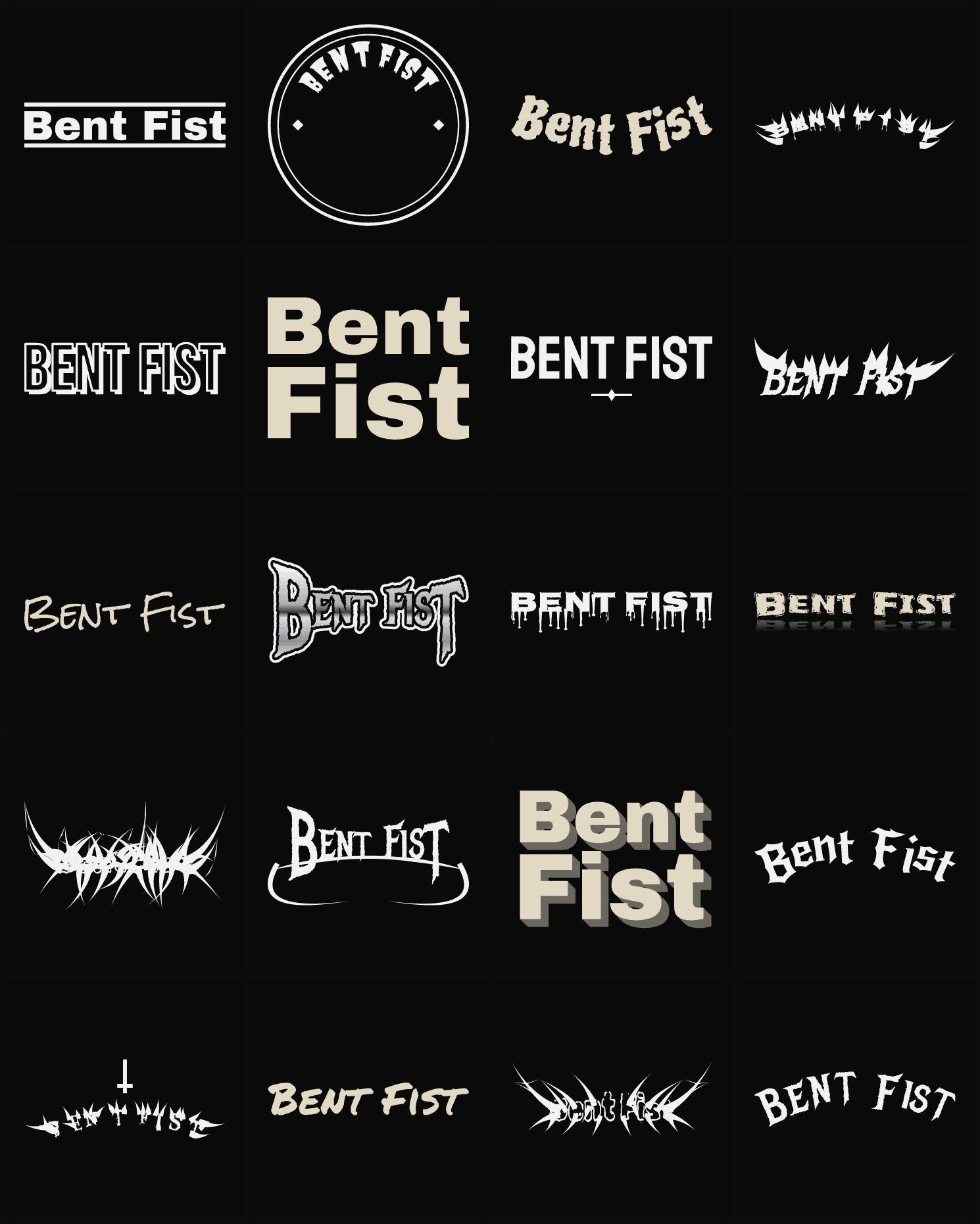 Twenty Bent Fist band logo ideas — different faces, treatments and spike settings