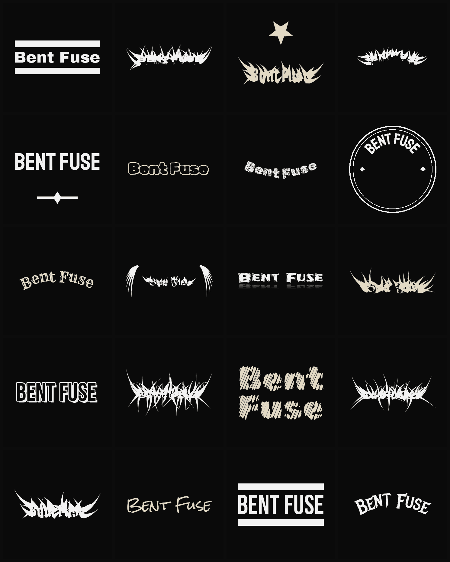 Twenty Bent Fuse band logo ideas — different faces, treatments and spike settings
