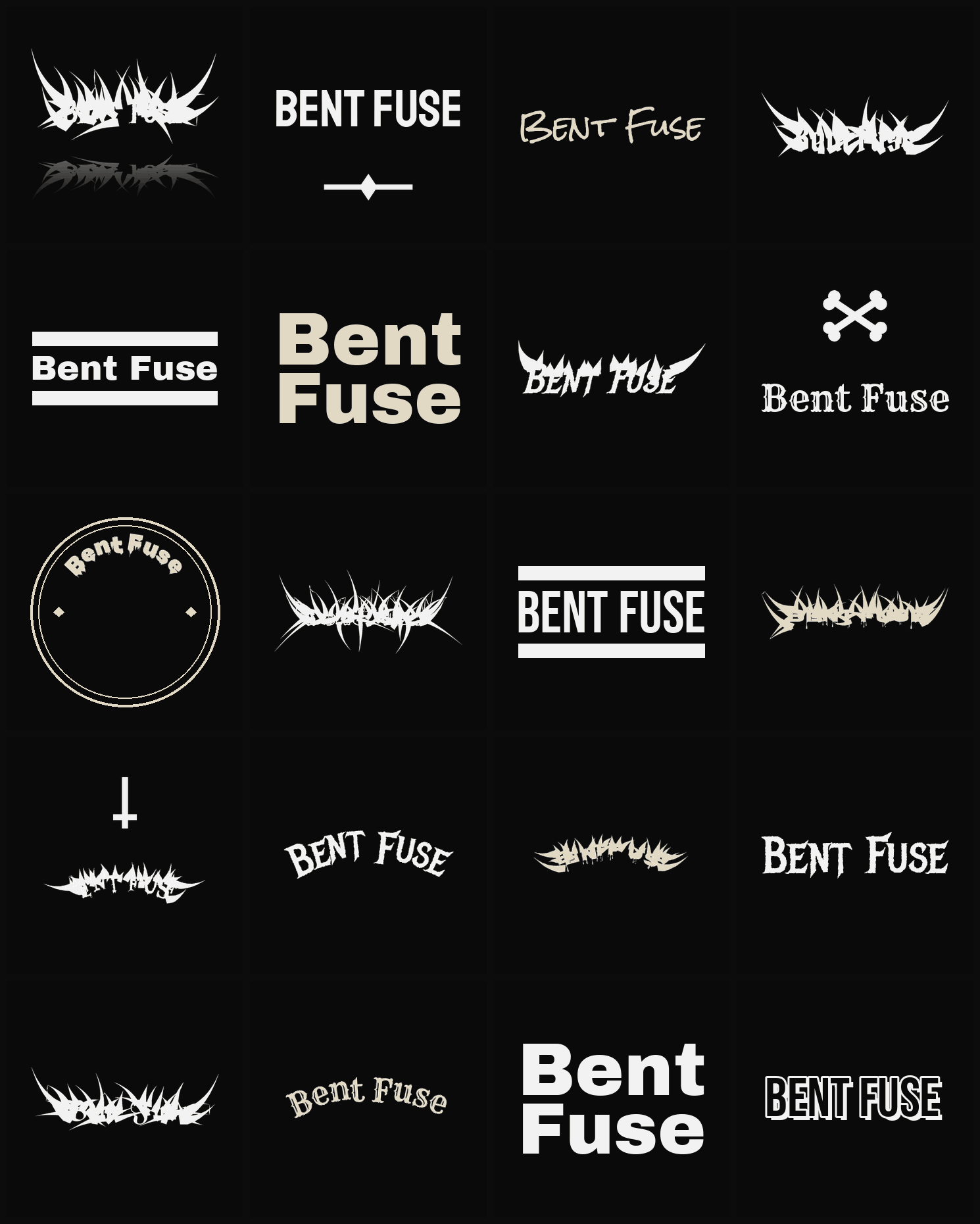 Twenty Bent Fuse band logo ideas — different faces, treatments and spike settings