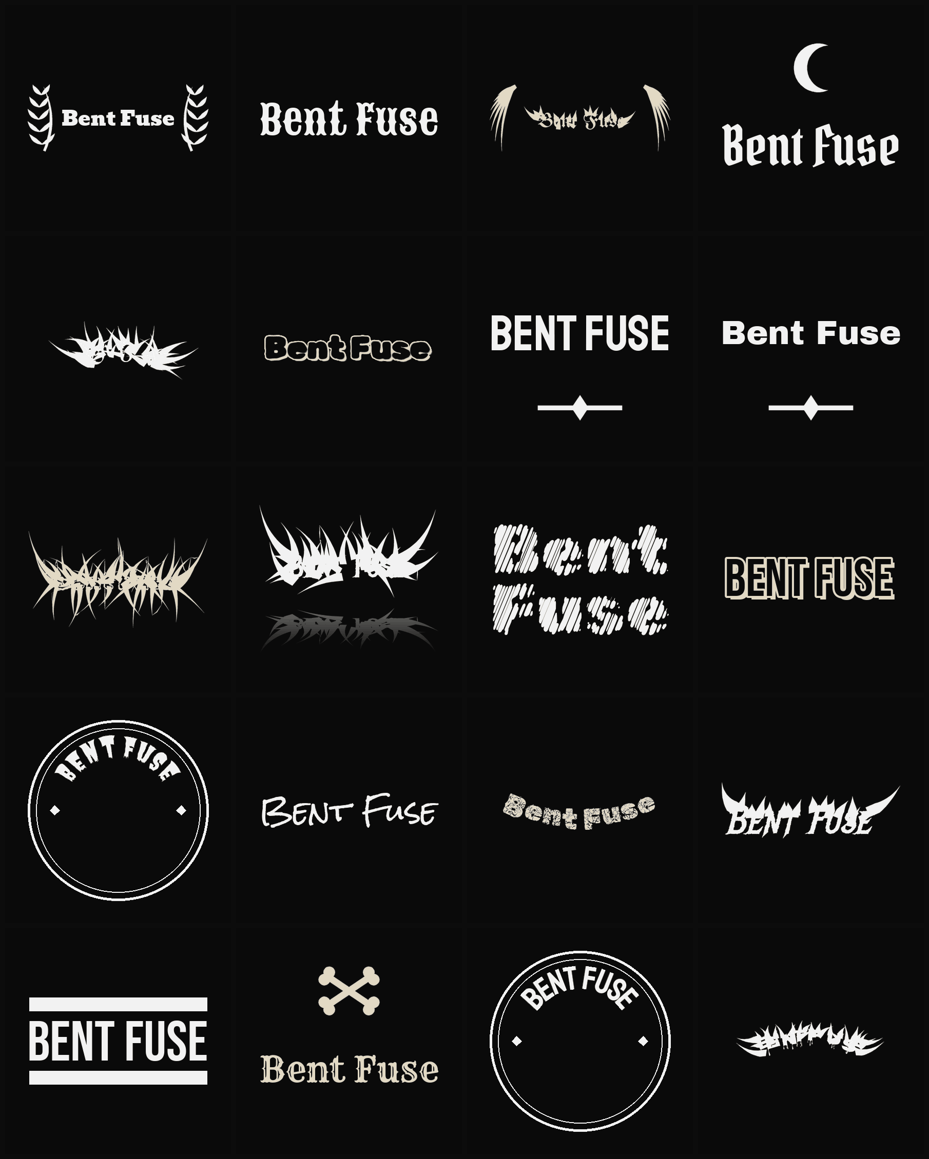 Twenty Bent Fuse band logo ideas — different faces, treatments and spike settings