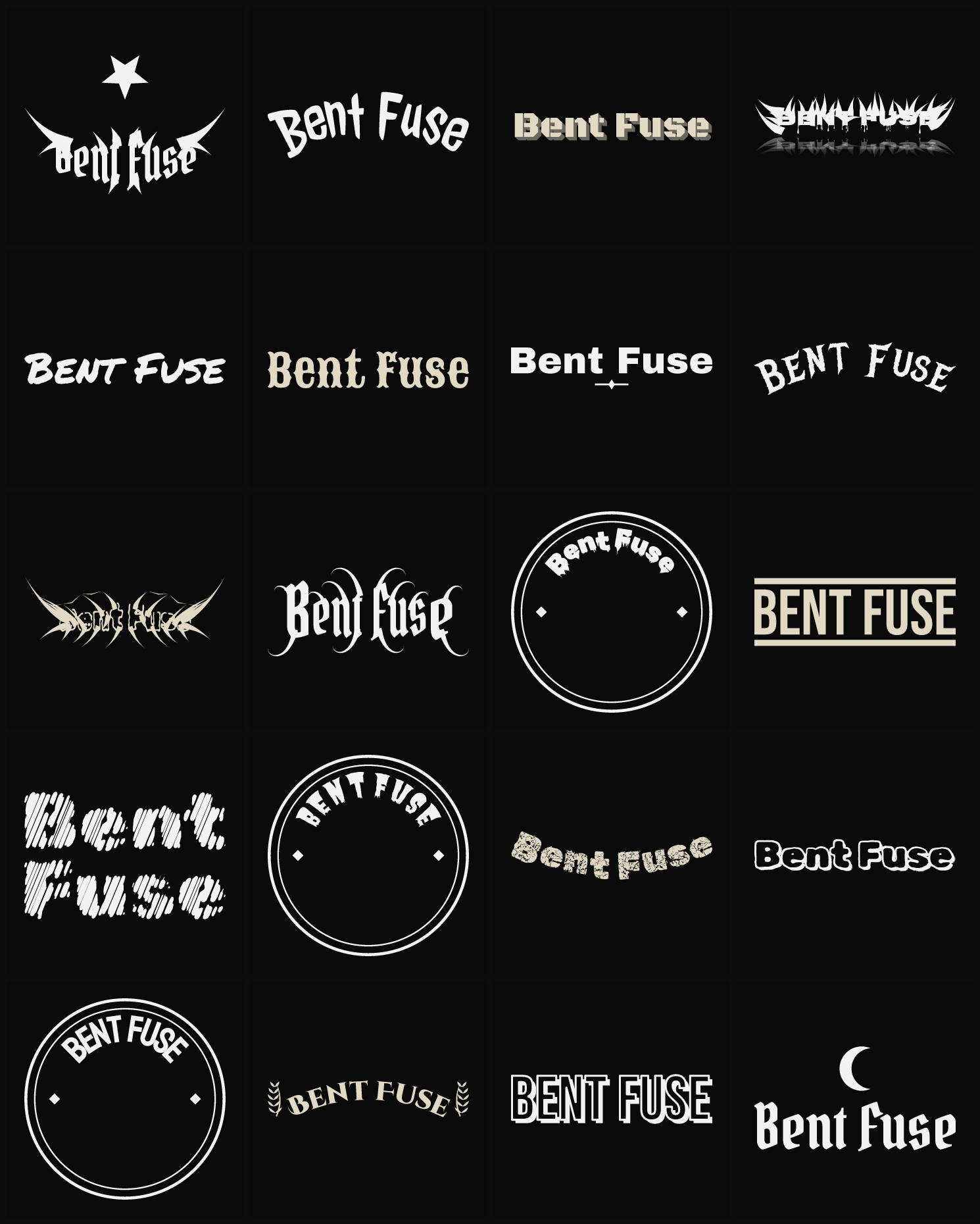 Twenty Bent Fuse band logo ideas — different faces, treatments and spike settings