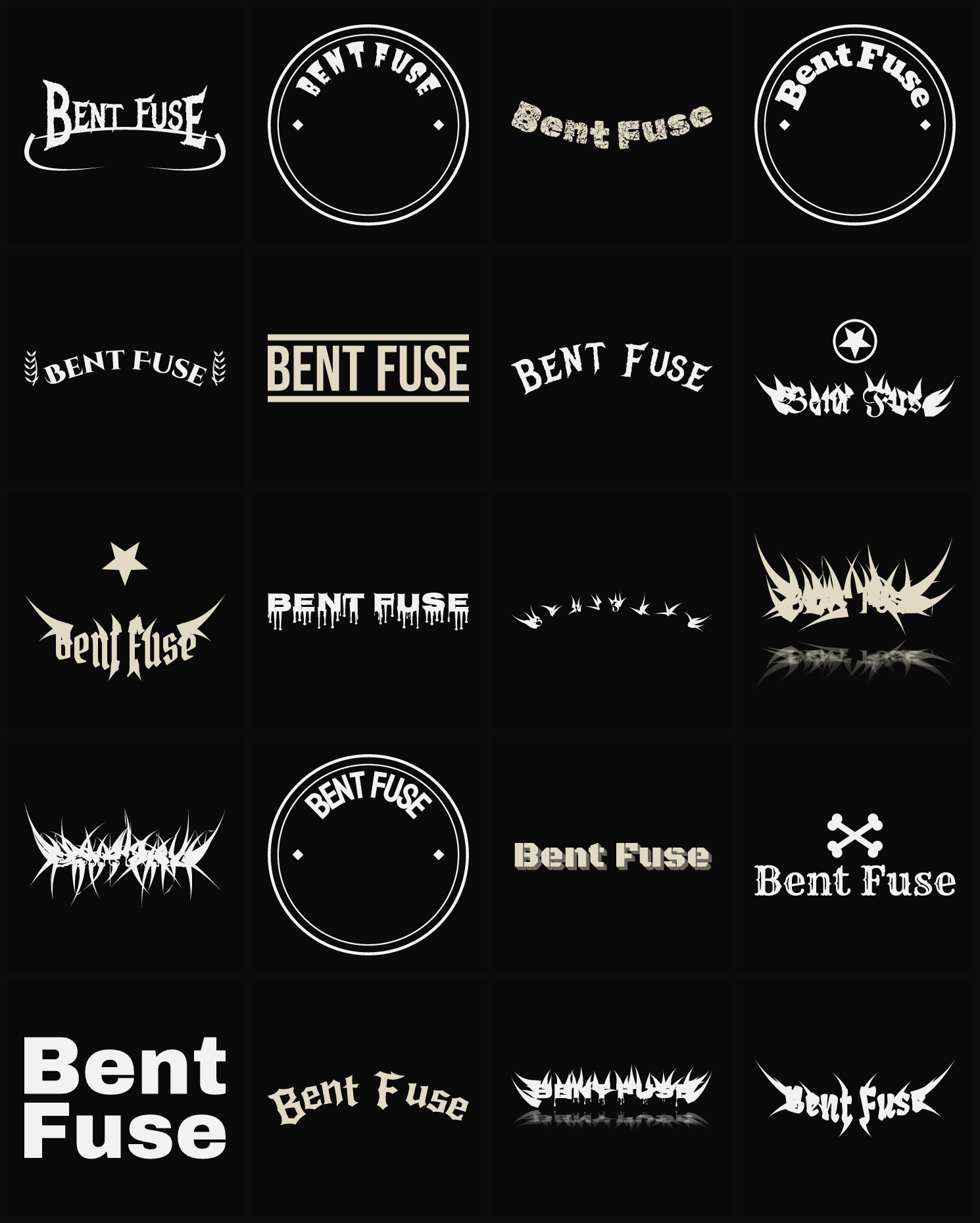 Twenty Bent Fuse band logo ideas — different faces, treatments and spike settings