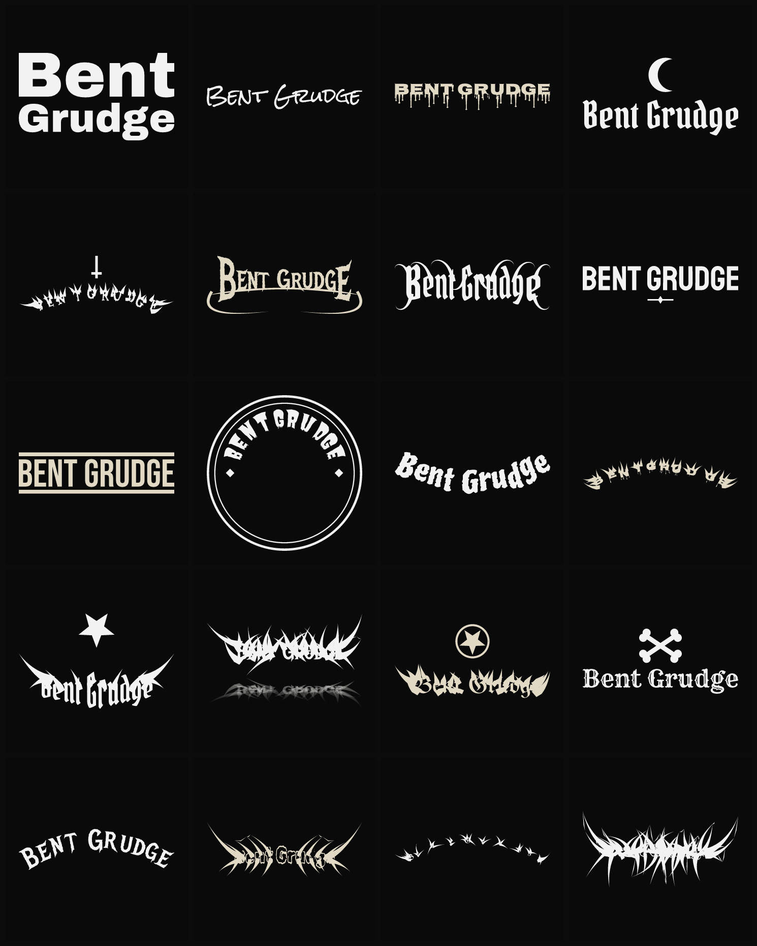 Twenty Bent Grudge band logo ideas — different faces, treatments and spike settings