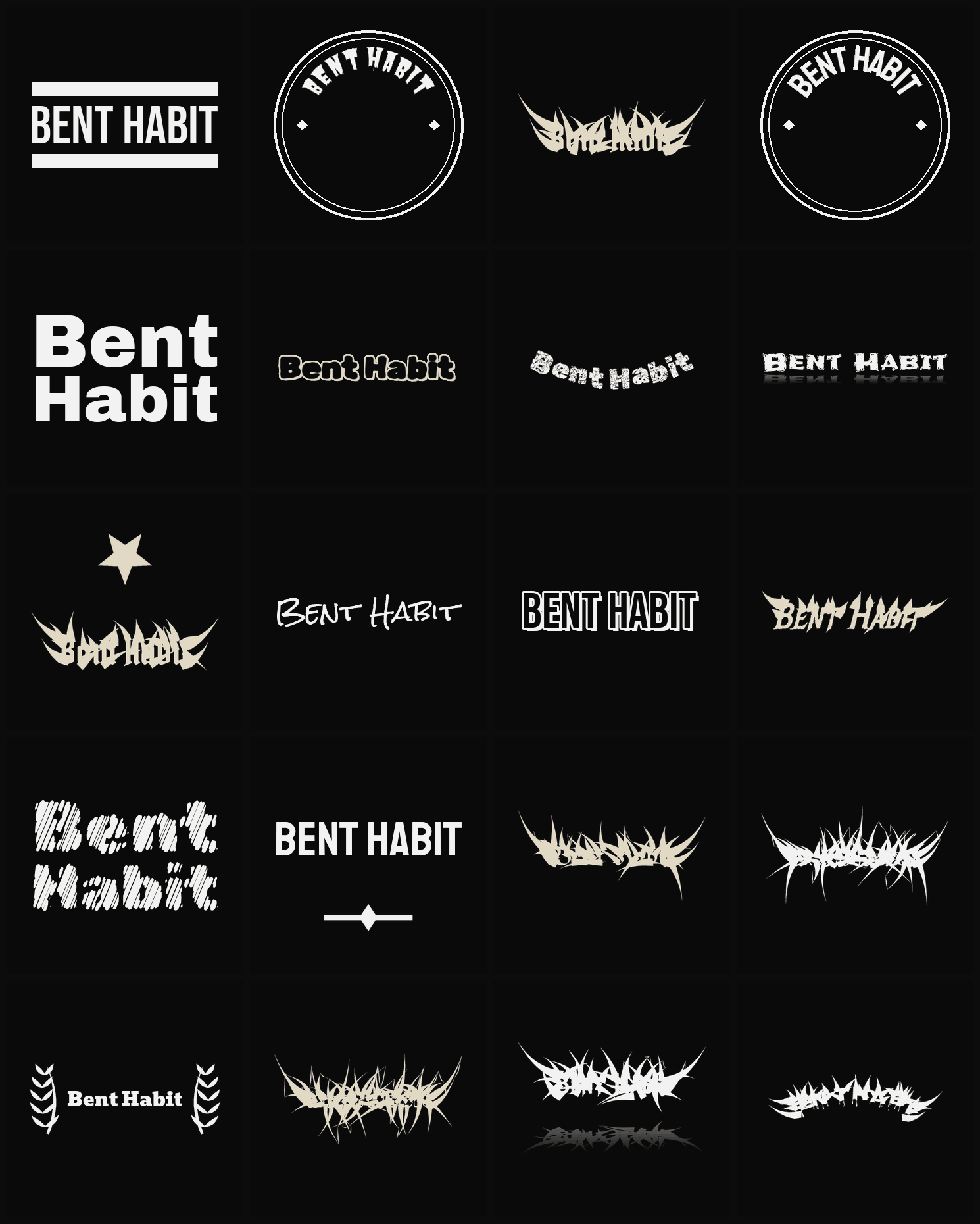 Twenty Bent Habit band logo ideas — different faces, treatments and spike settings
