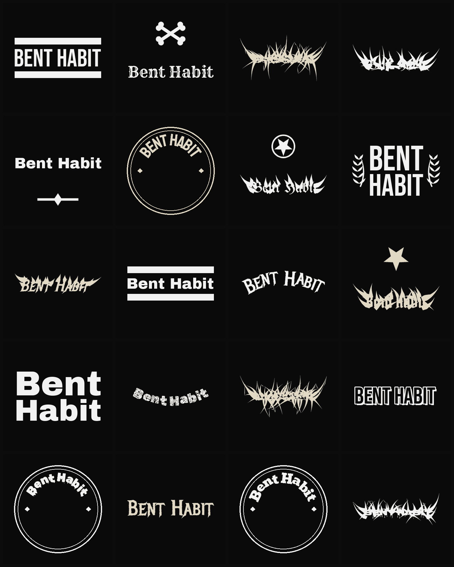 Twenty Bent Habit band logo ideas — different faces, treatments and spike settings