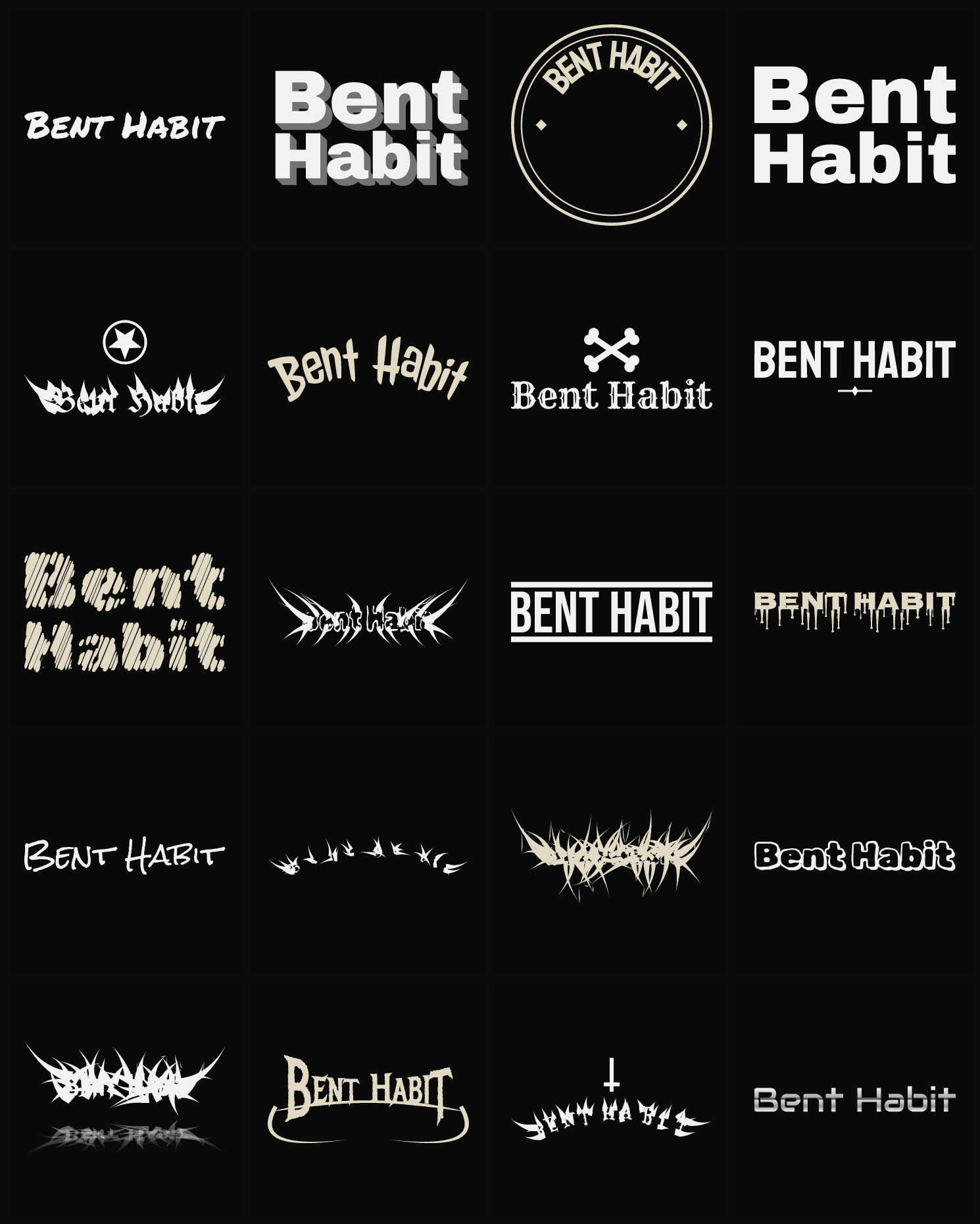 Twenty Bent Habit band logo ideas — different faces, treatments and spike settings