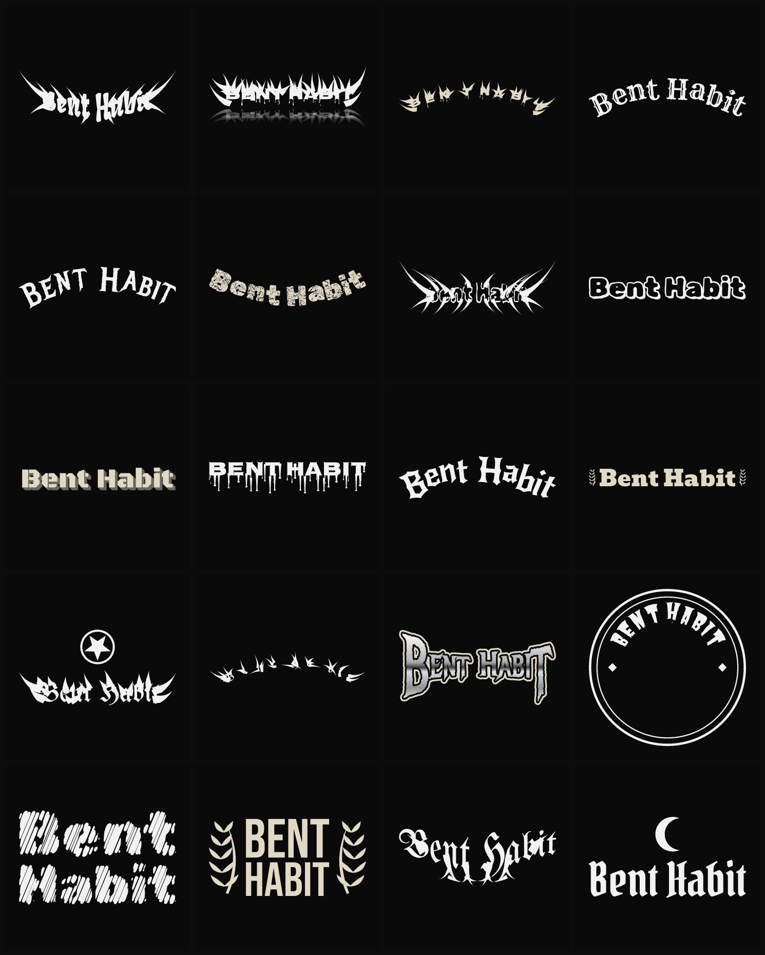 Twenty Bent Habit band logo ideas — different faces, treatments and spike settings