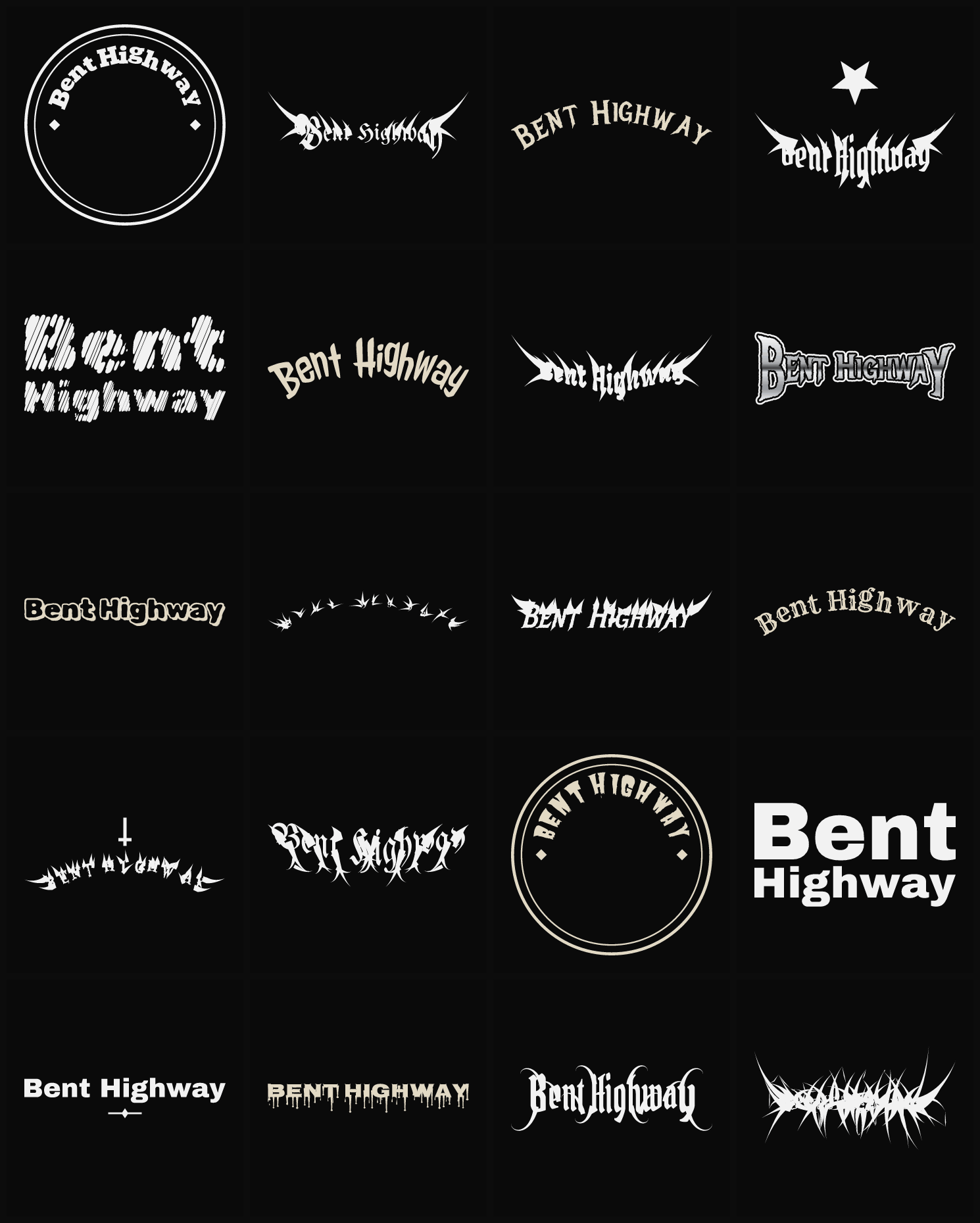 Twenty Bent Highway band logo ideas — different faces, treatments and spike settings