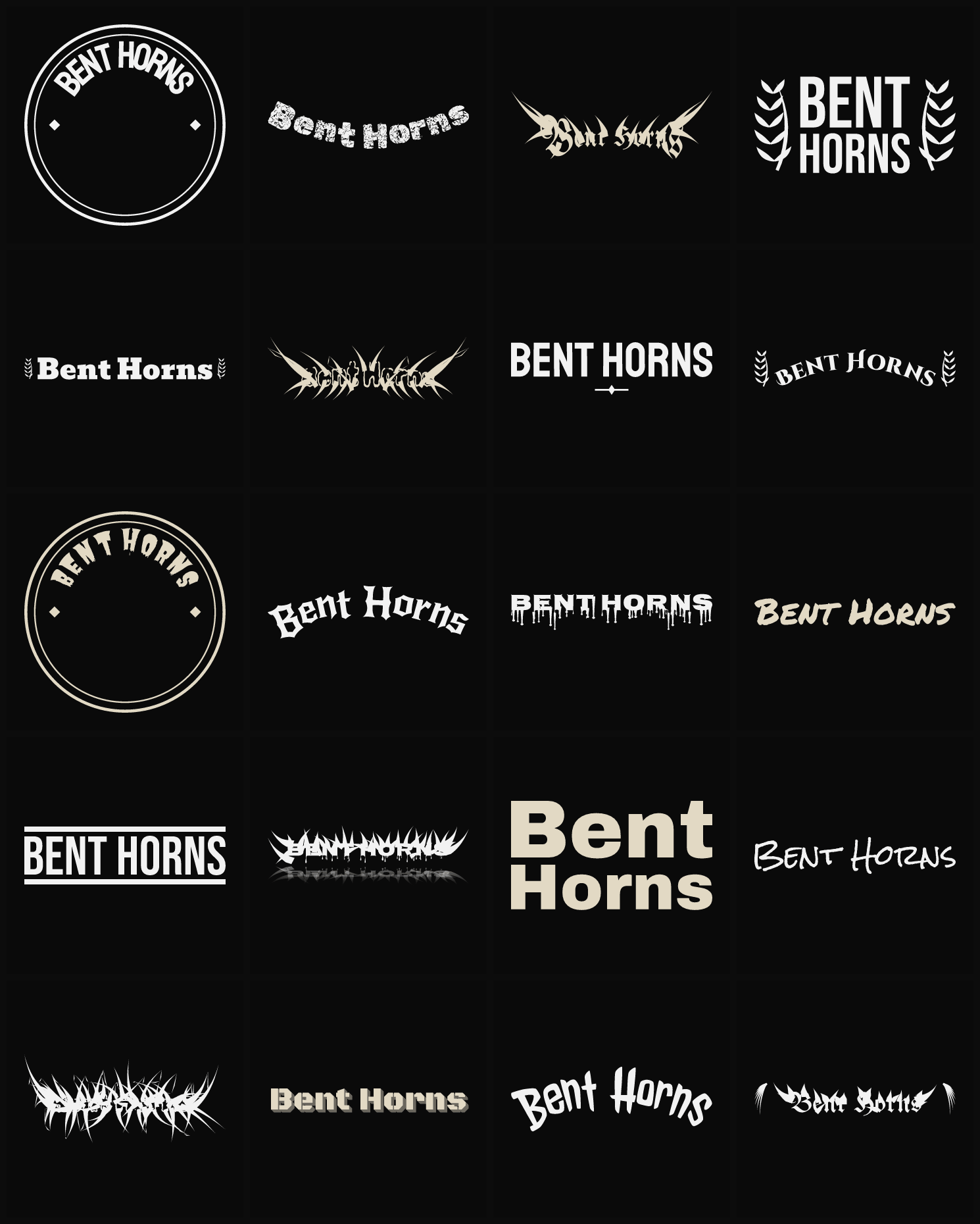 Twenty Bent Horns band logo ideas — different faces, treatments and spike settings