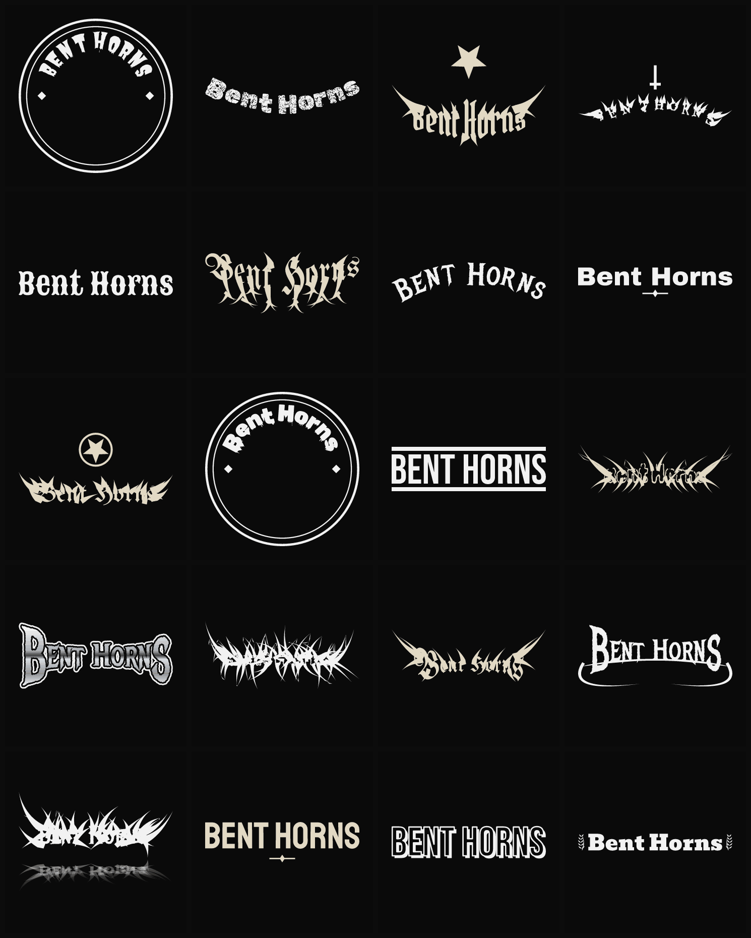 Twenty Bent Horns band logo ideas — different faces, treatments and spike settings