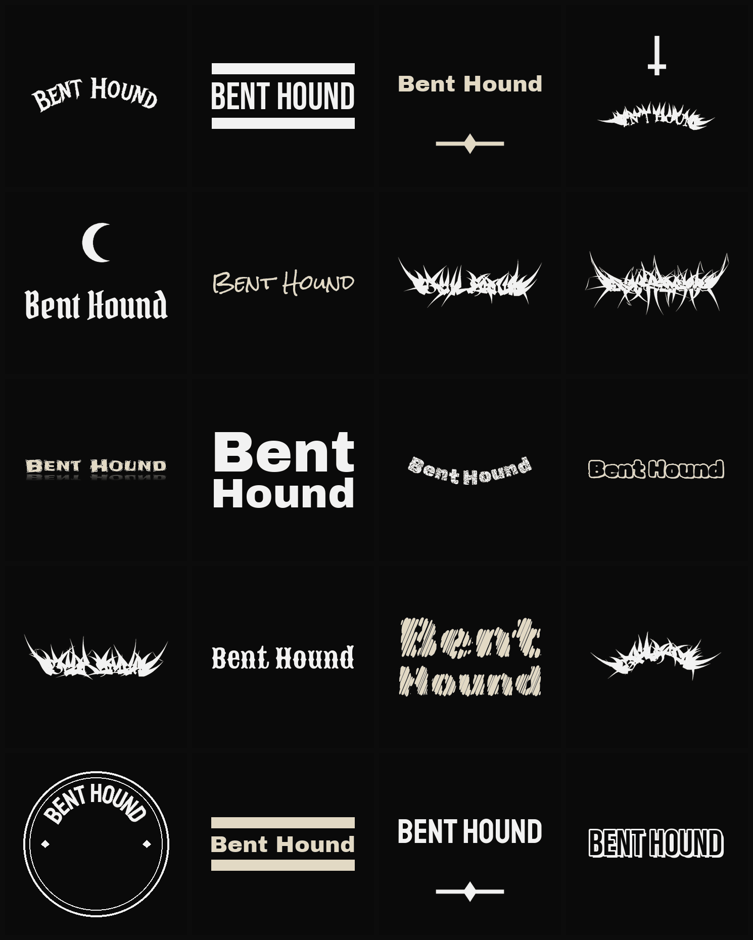Twenty Bent Hound band logo ideas — different faces, treatments and spike settings