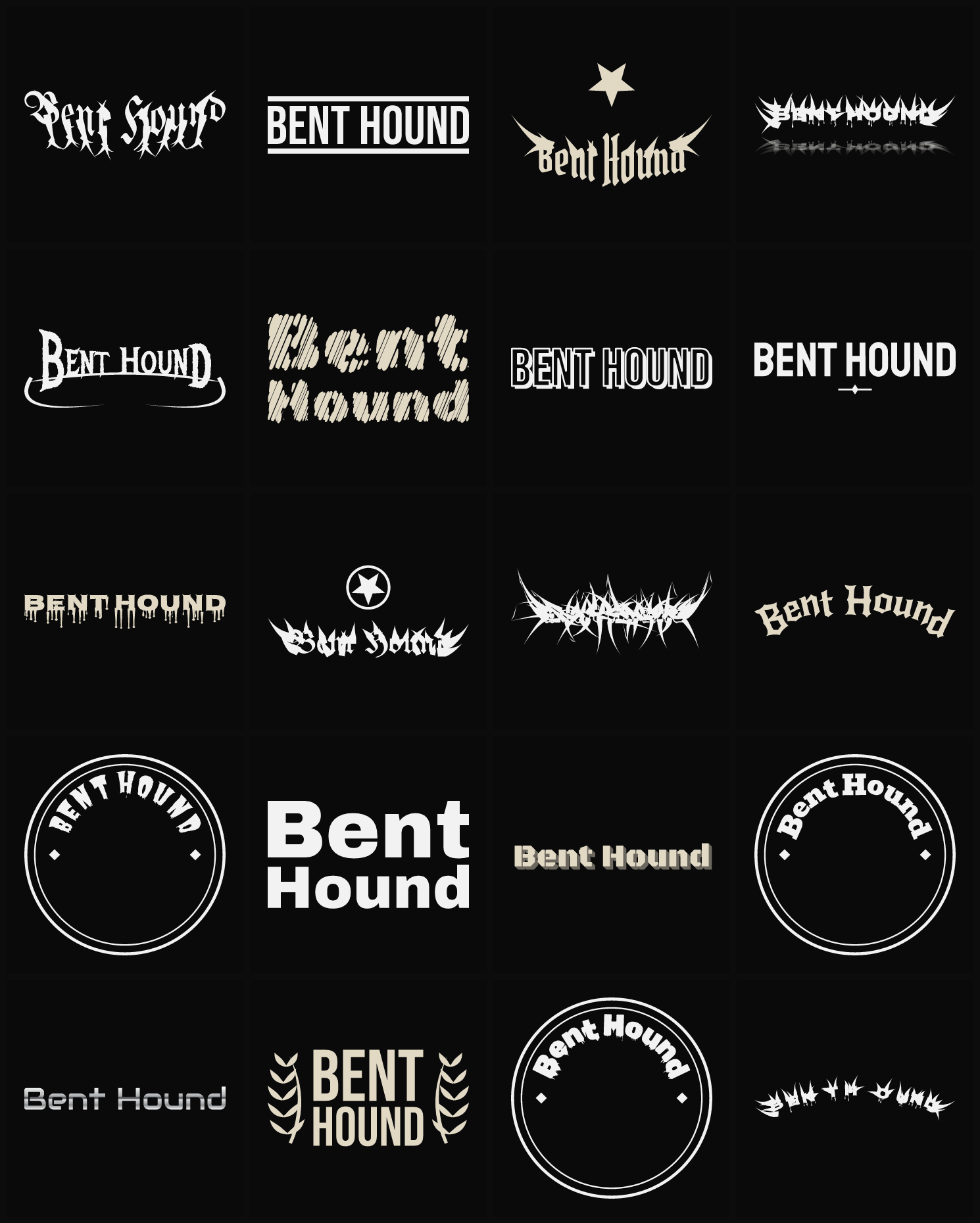 Twenty Bent Hound band logo ideas — different faces, treatments and spike settings