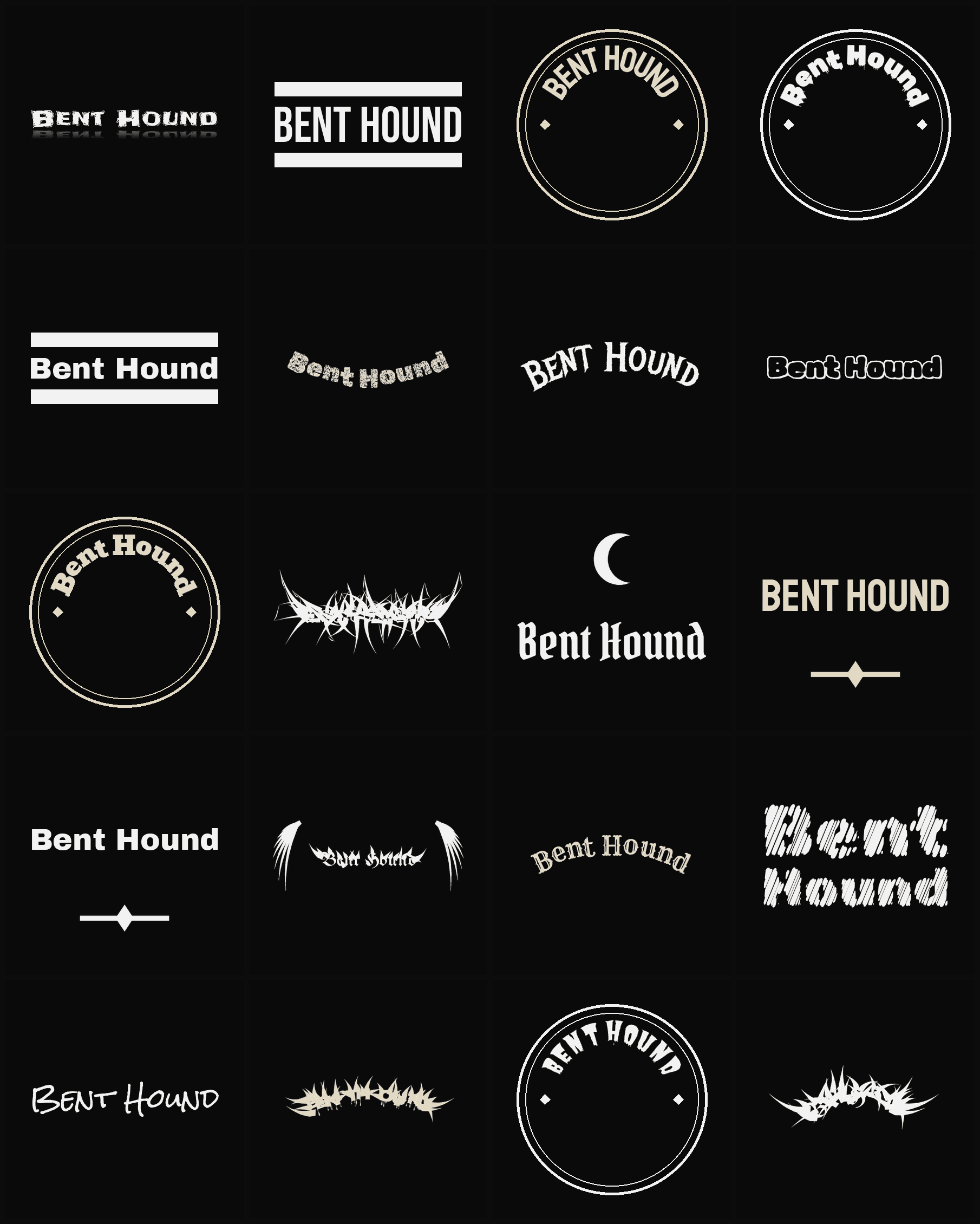 Twenty Bent Hound band logo ideas — different faces, treatments and spike settings