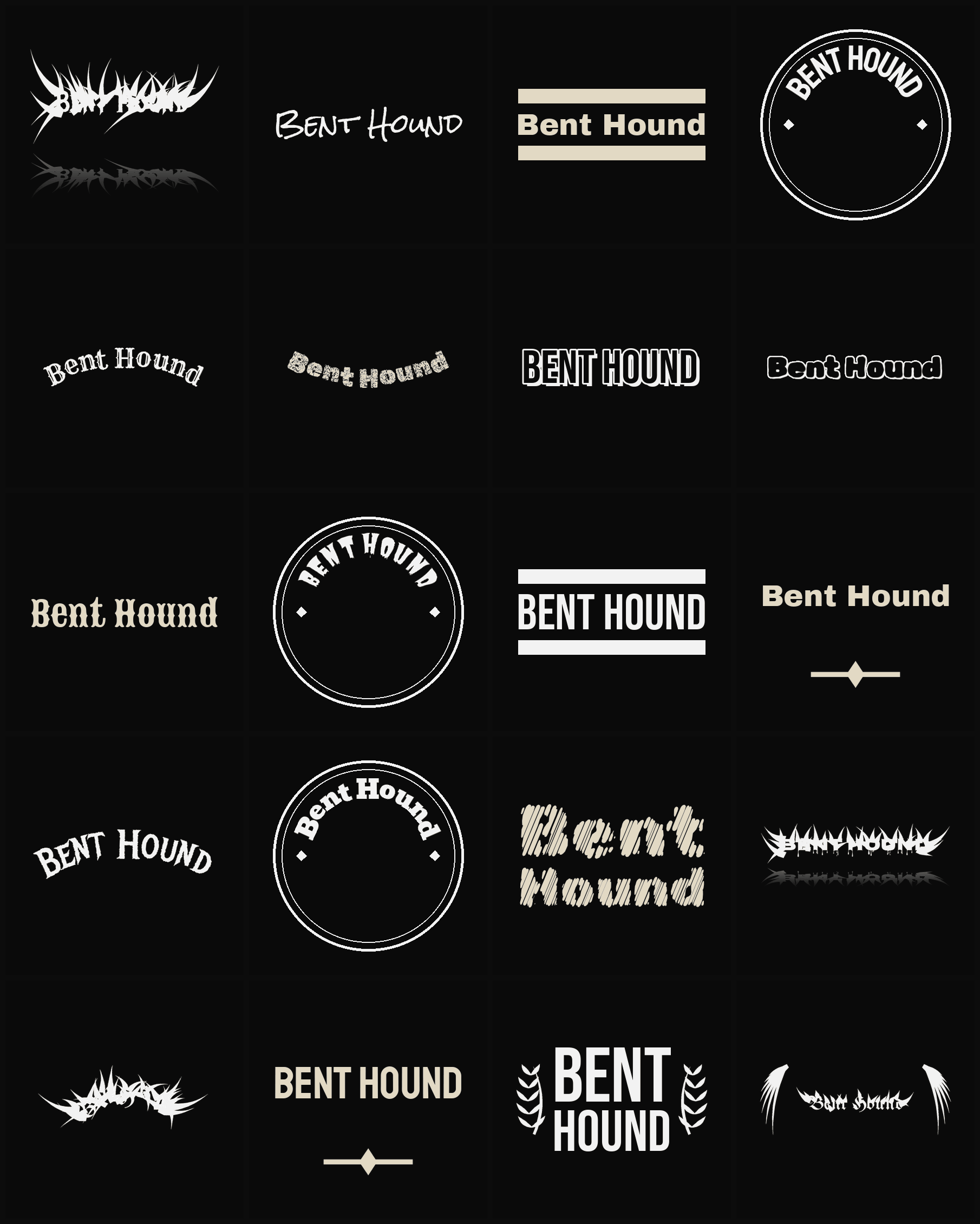 Twenty Bent Hound band logo ideas — different faces, treatments and spike settings