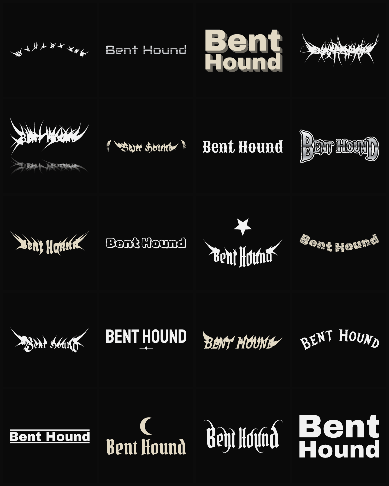 Twenty Bent Hound band logo ideas — different faces, treatments and spike settings