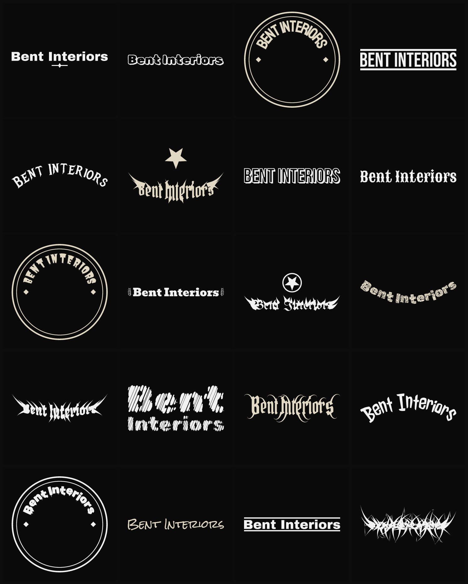 Twenty Bent Interiors band logo ideas — different faces, treatments and spike settings