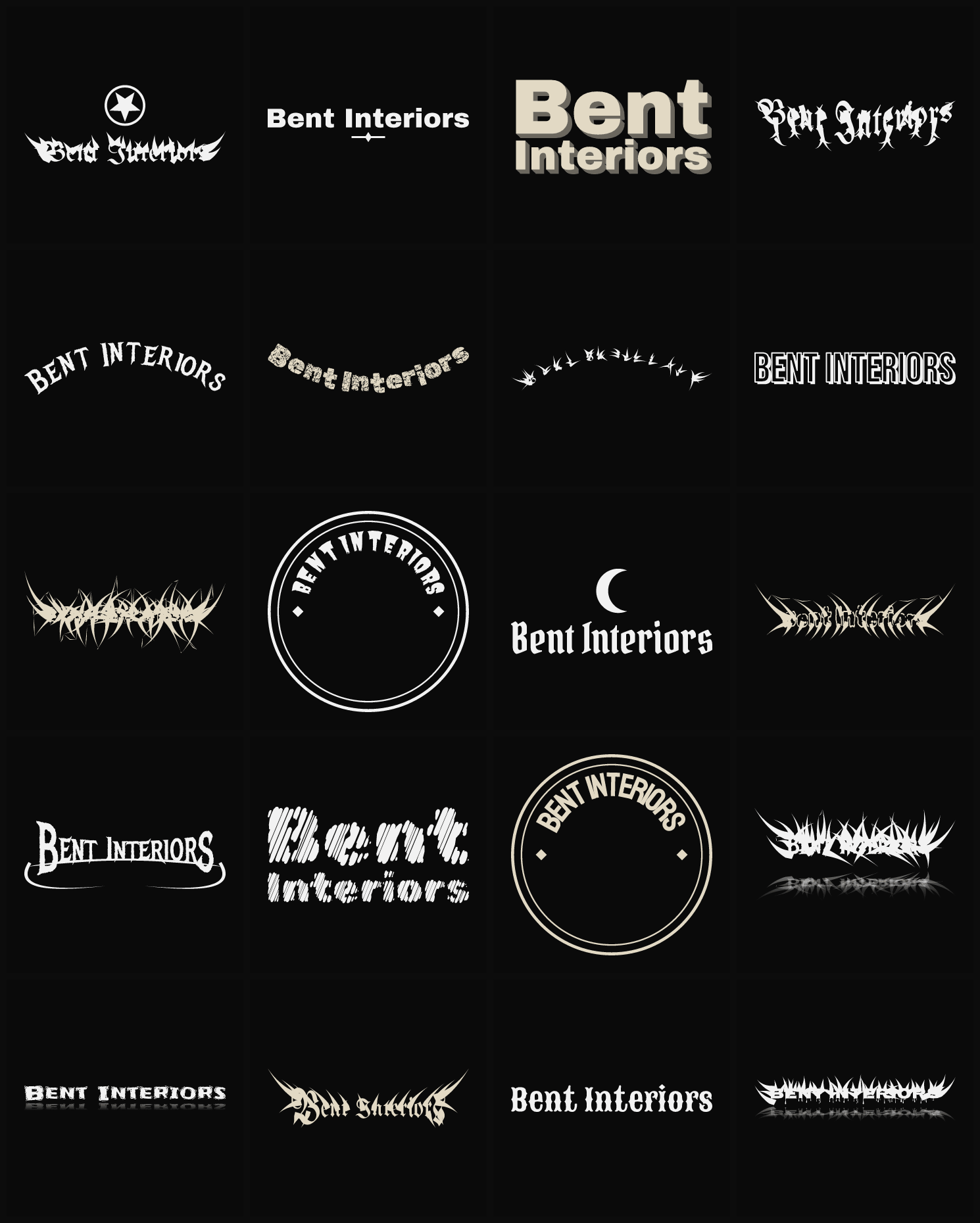 Twenty Bent Interiors band logo ideas — different faces, treatments and spike settings