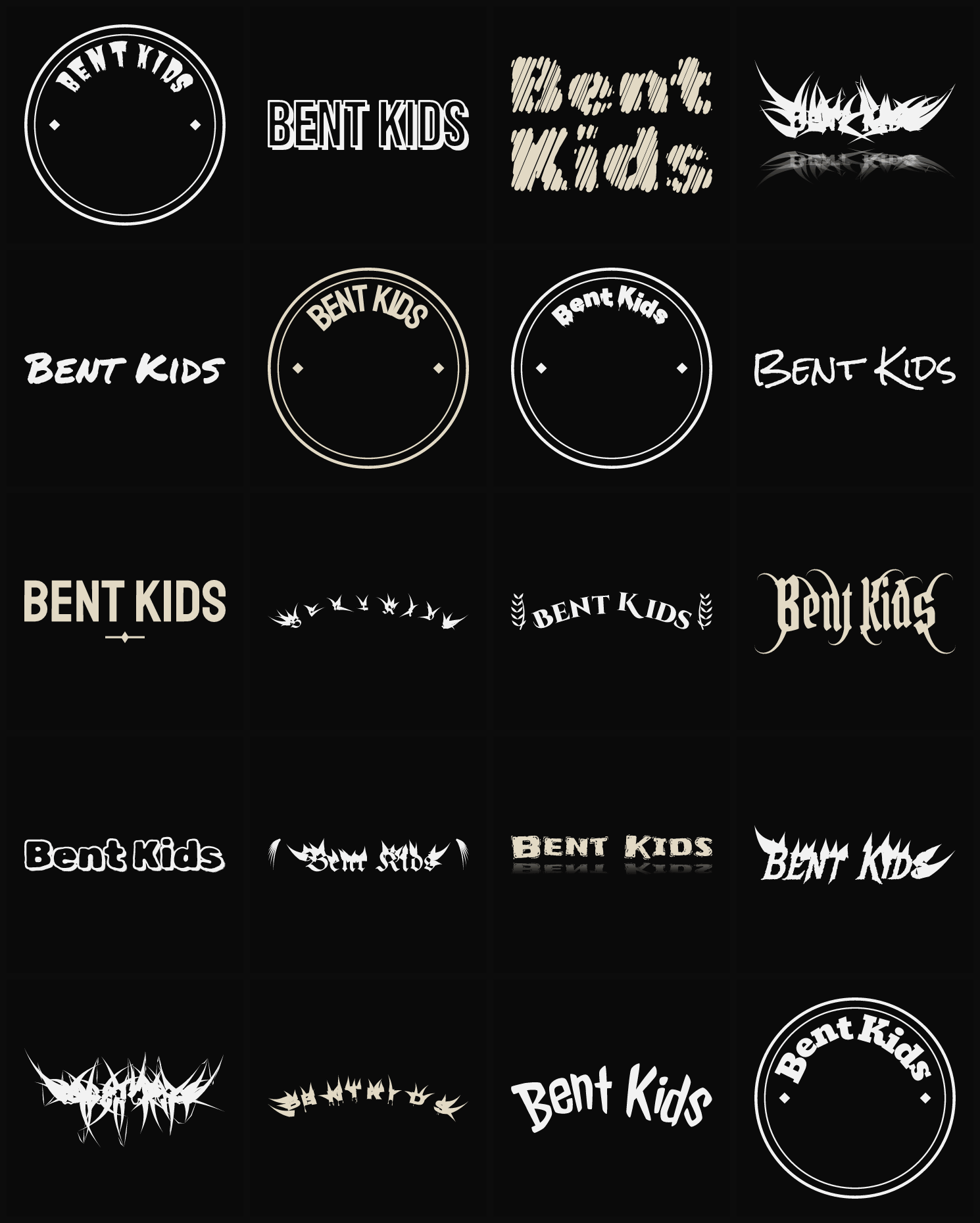 Twenty Bent Kids band logo ideas — different faces, treatments and spike settings
