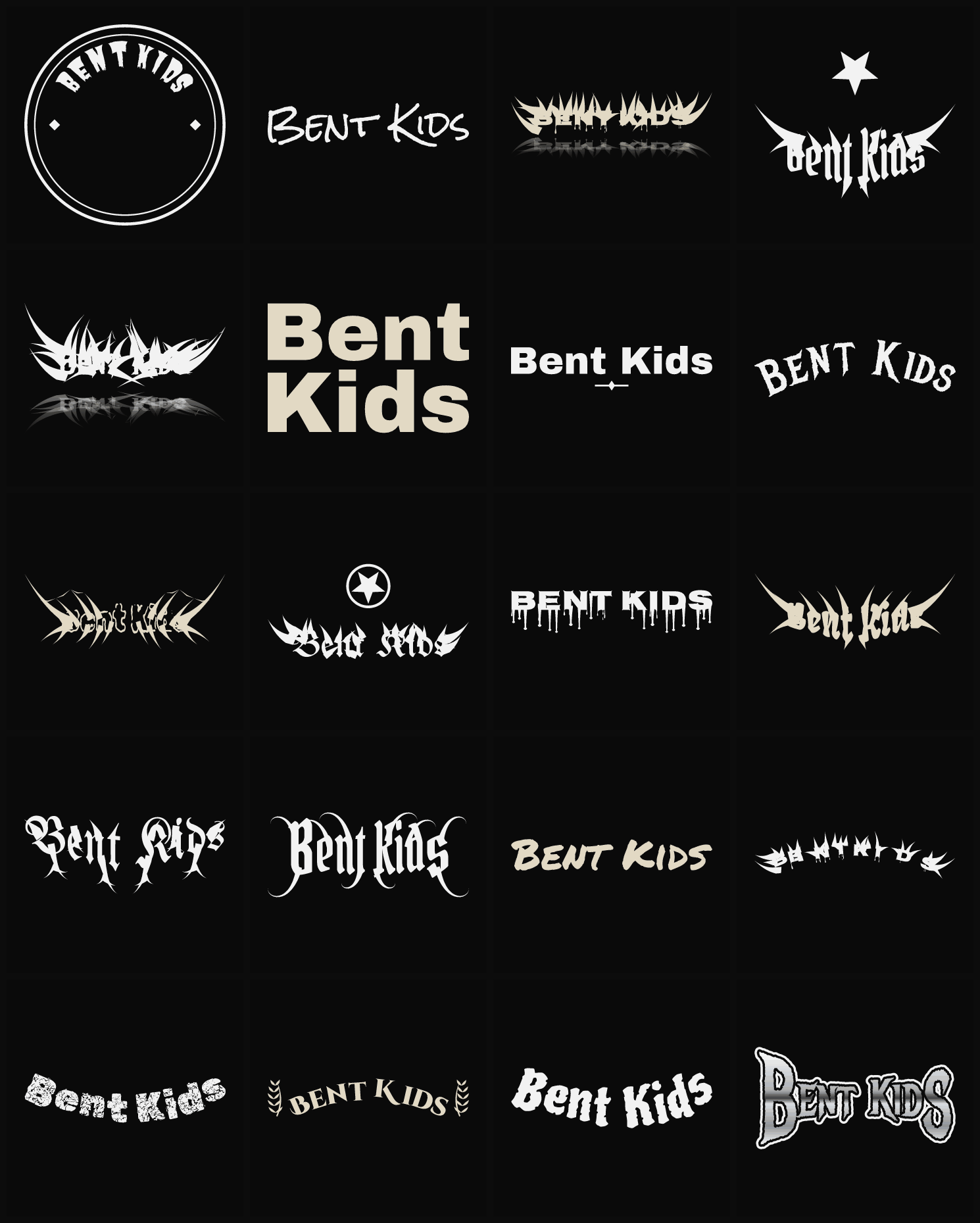 Twenty Bent Kids band logo ideas — different faces, treatments and spike settings