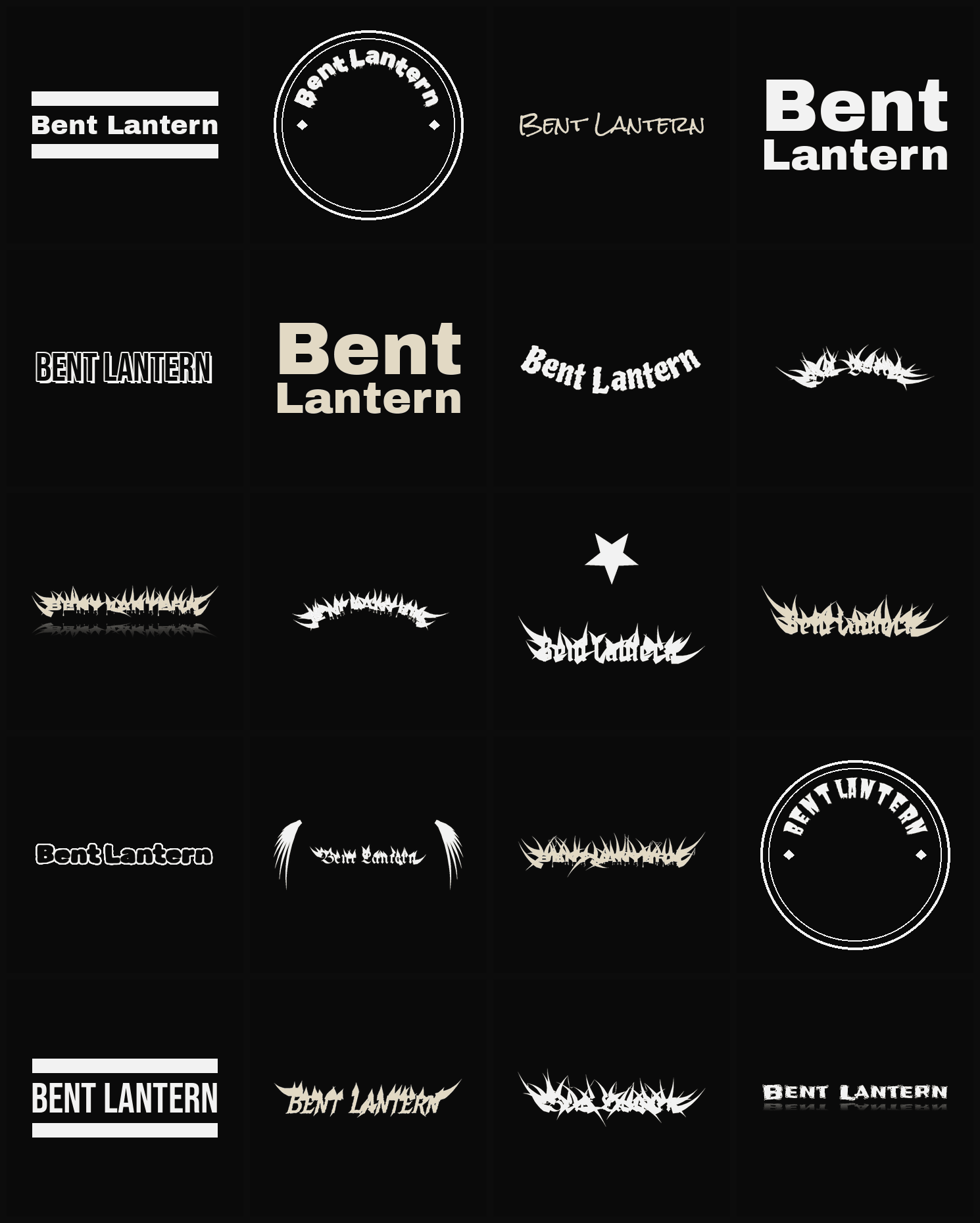 Twenty Bent Lantern band logo ideas — different faces, treatments and spike settings
