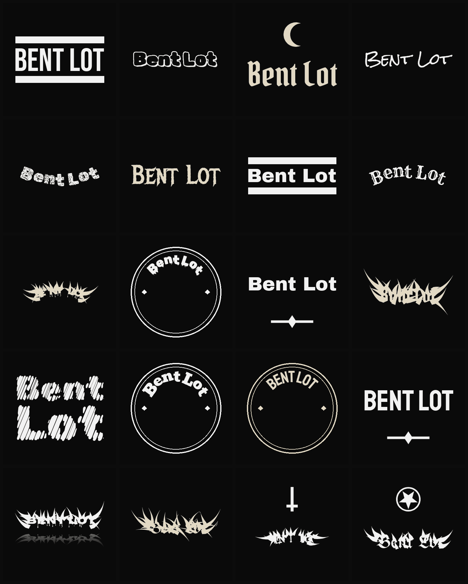 Twenty Bent Lot band logo ideas — different faces, treatments and spike settings
