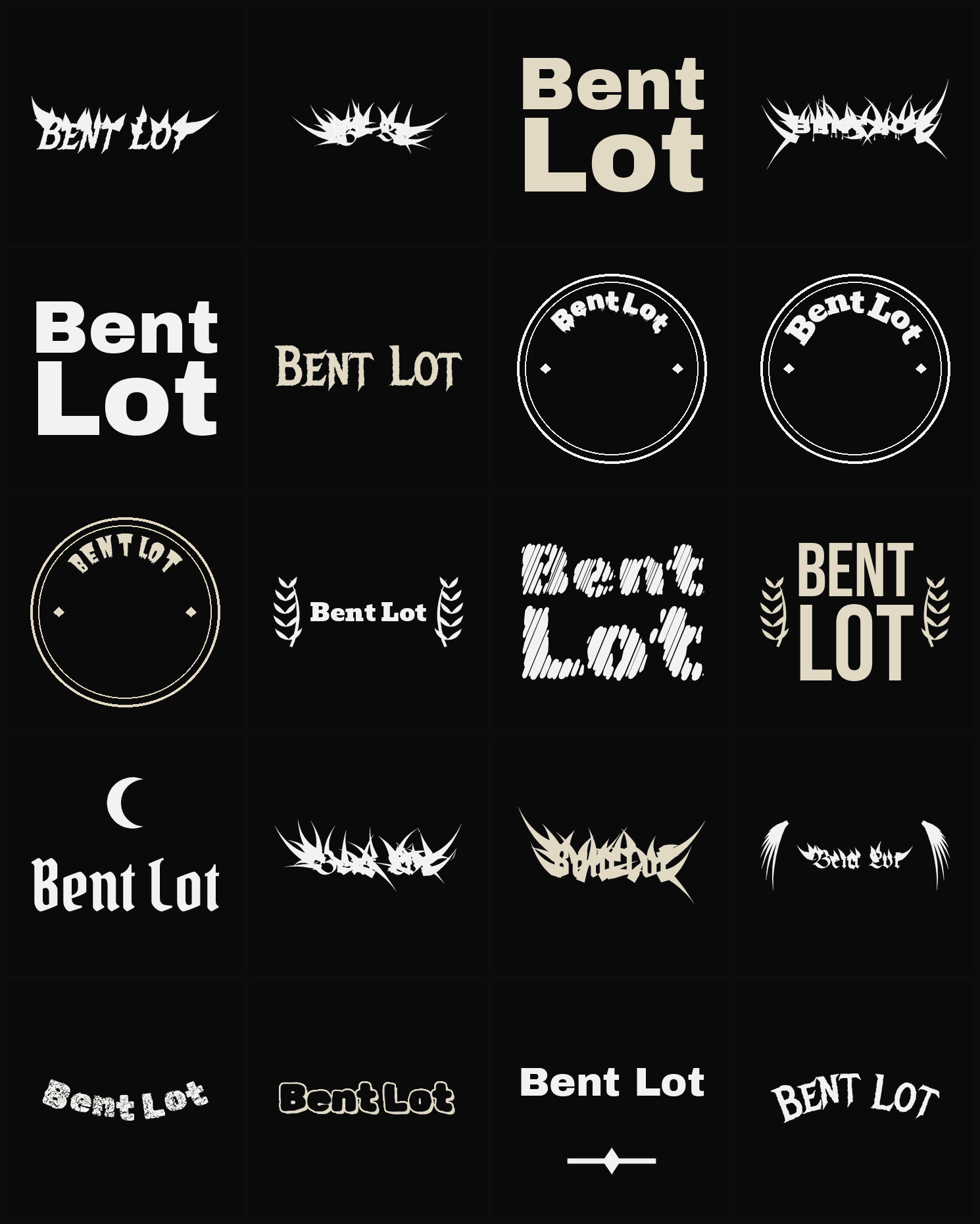 Twenty Bent Lot band logo ideas — different faces, treatments and spike settings