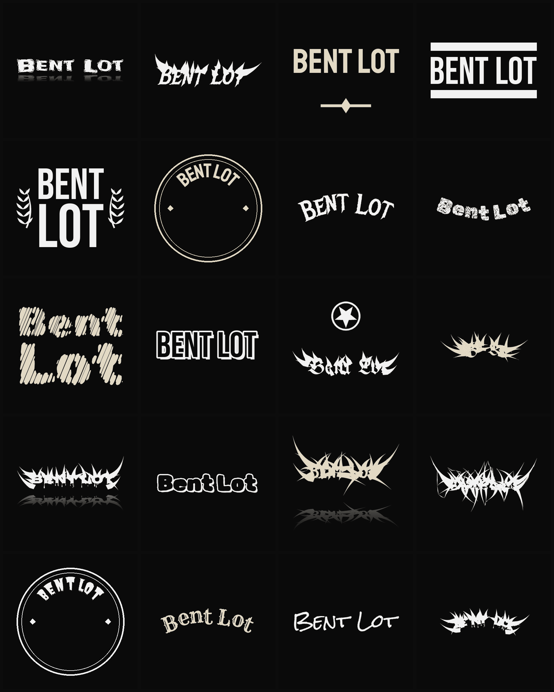 Twenty Bent Lot band logo ideas — different faces, treatments and spike settings
