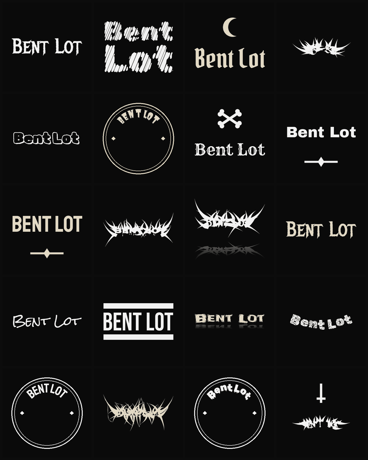 Twenty Bent Lot band logo ideas — different faces, treatments and spike settings