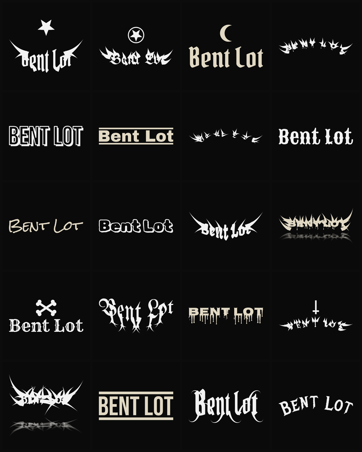 Twenty Bent Lot band logo ideas — different faces, treatments and spike settings